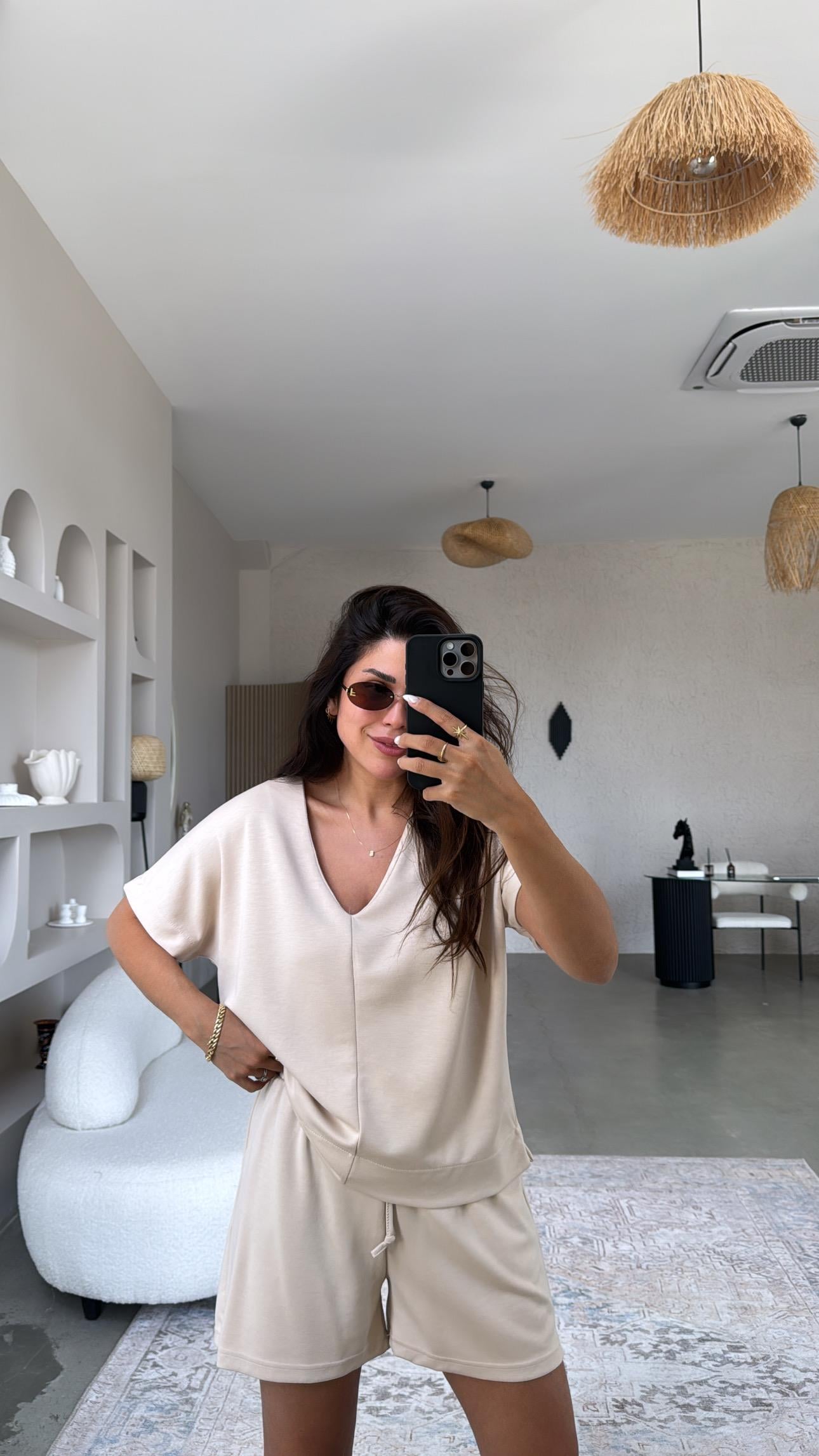 Bej Şort Bluz Modal Takım