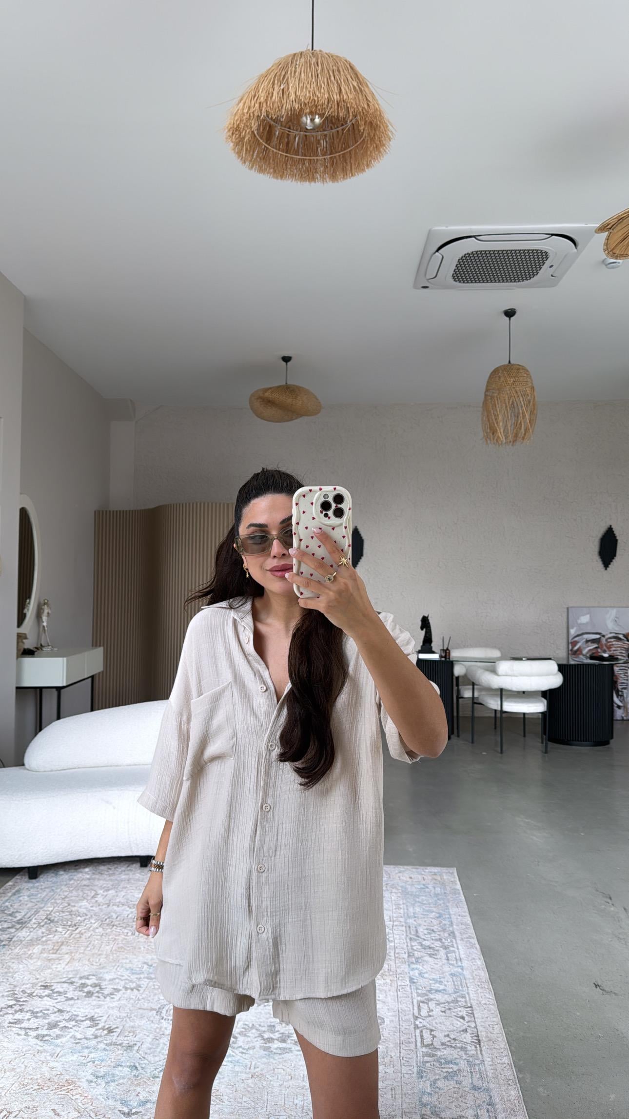 Bej Şort Gömlek Takım