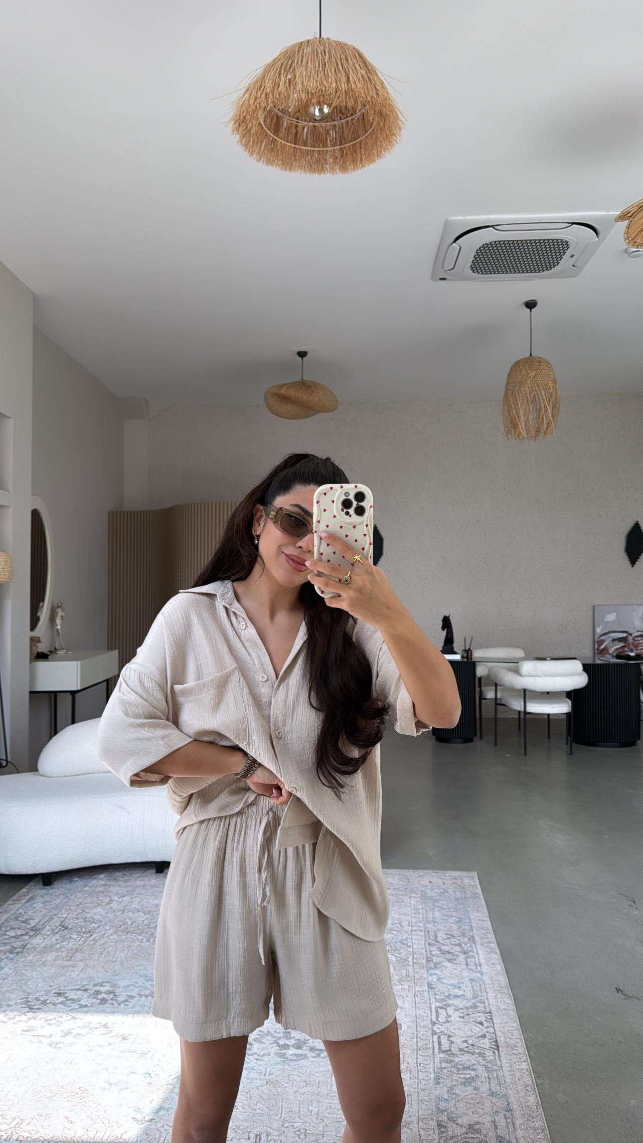 Bej Şort Gömlek Takım