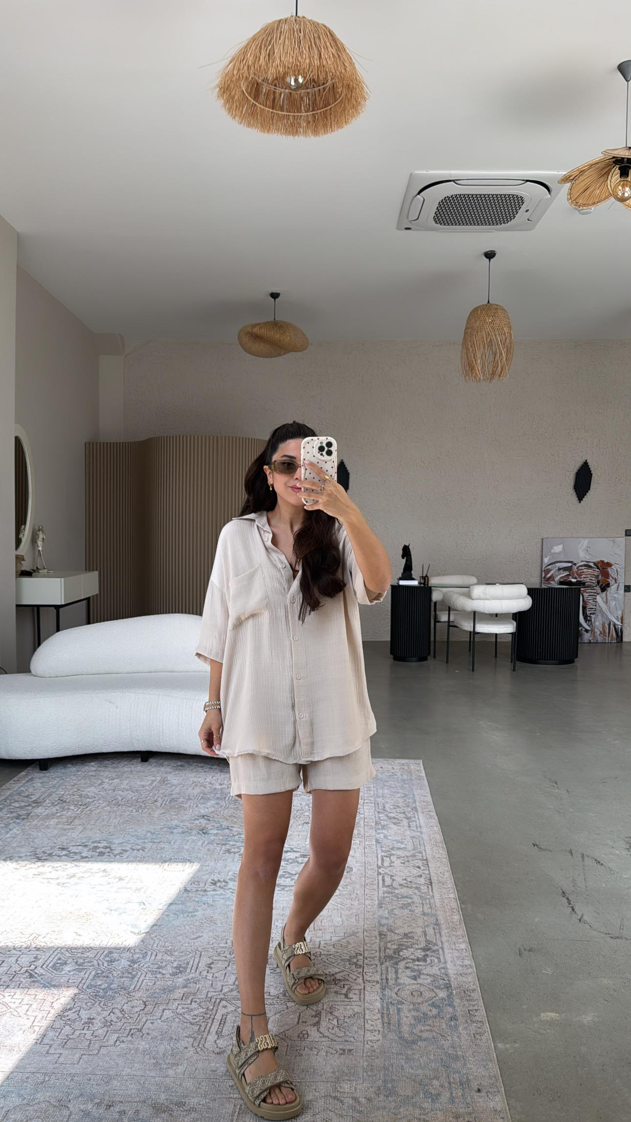 Bej Şort Gömlek Takım