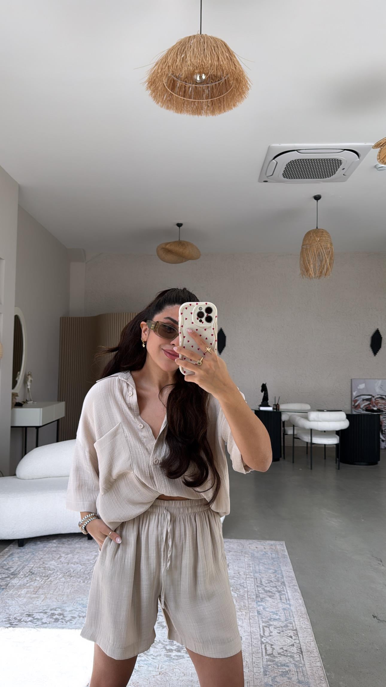 Bej Şort Gömlek Takım