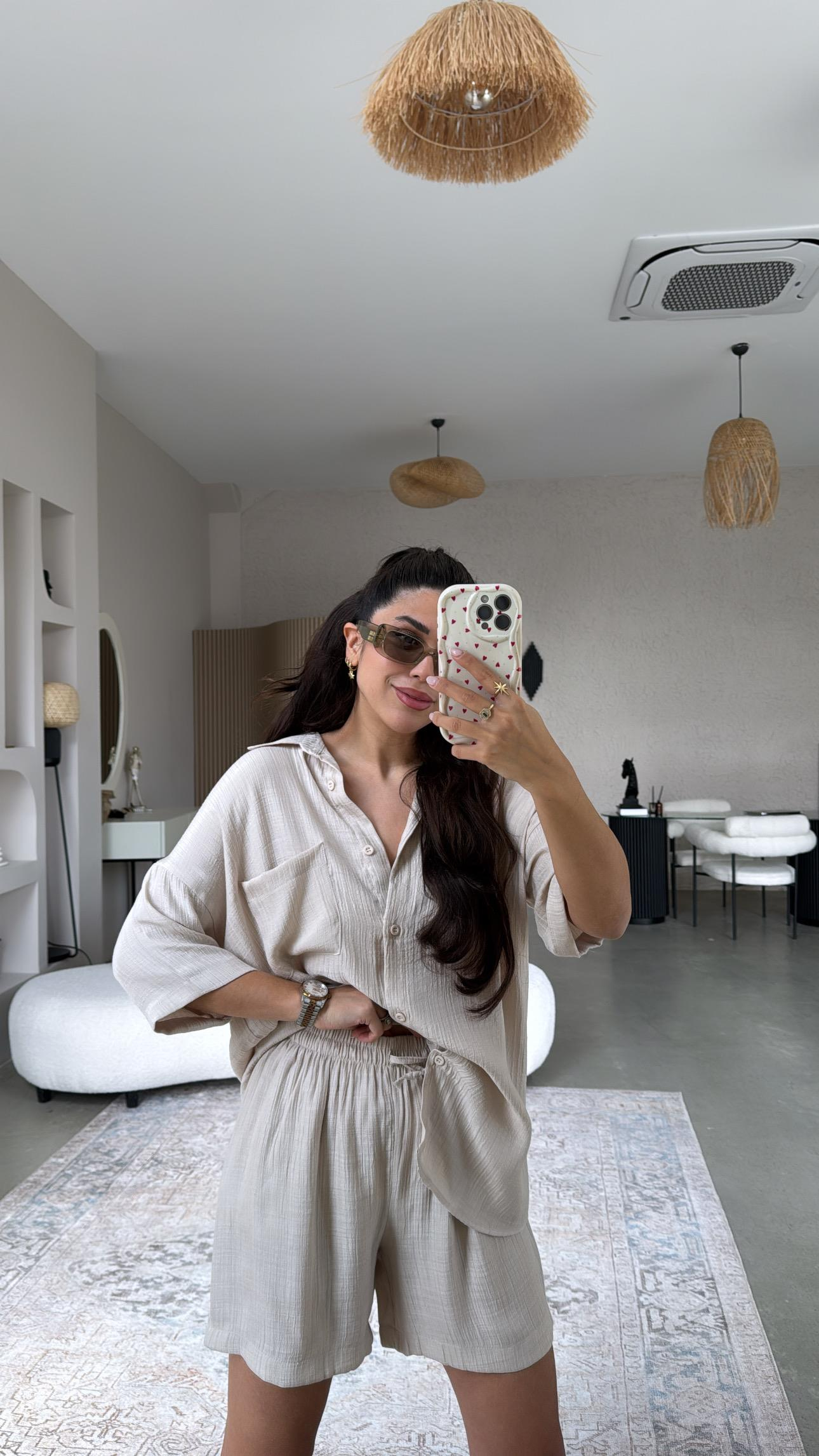 Bej Şort Gömlek Takım