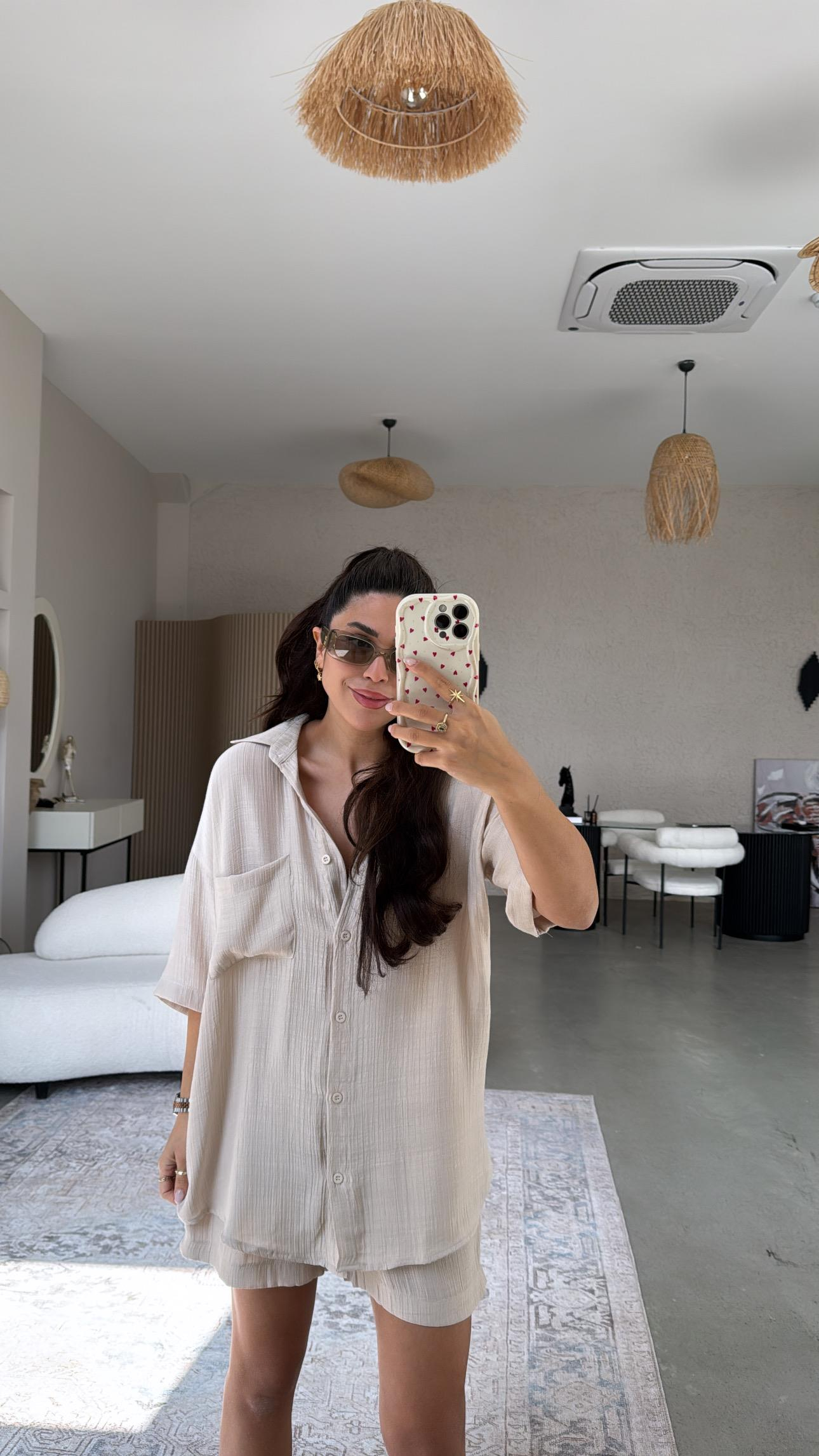 Bej Şort Gömlek Takım