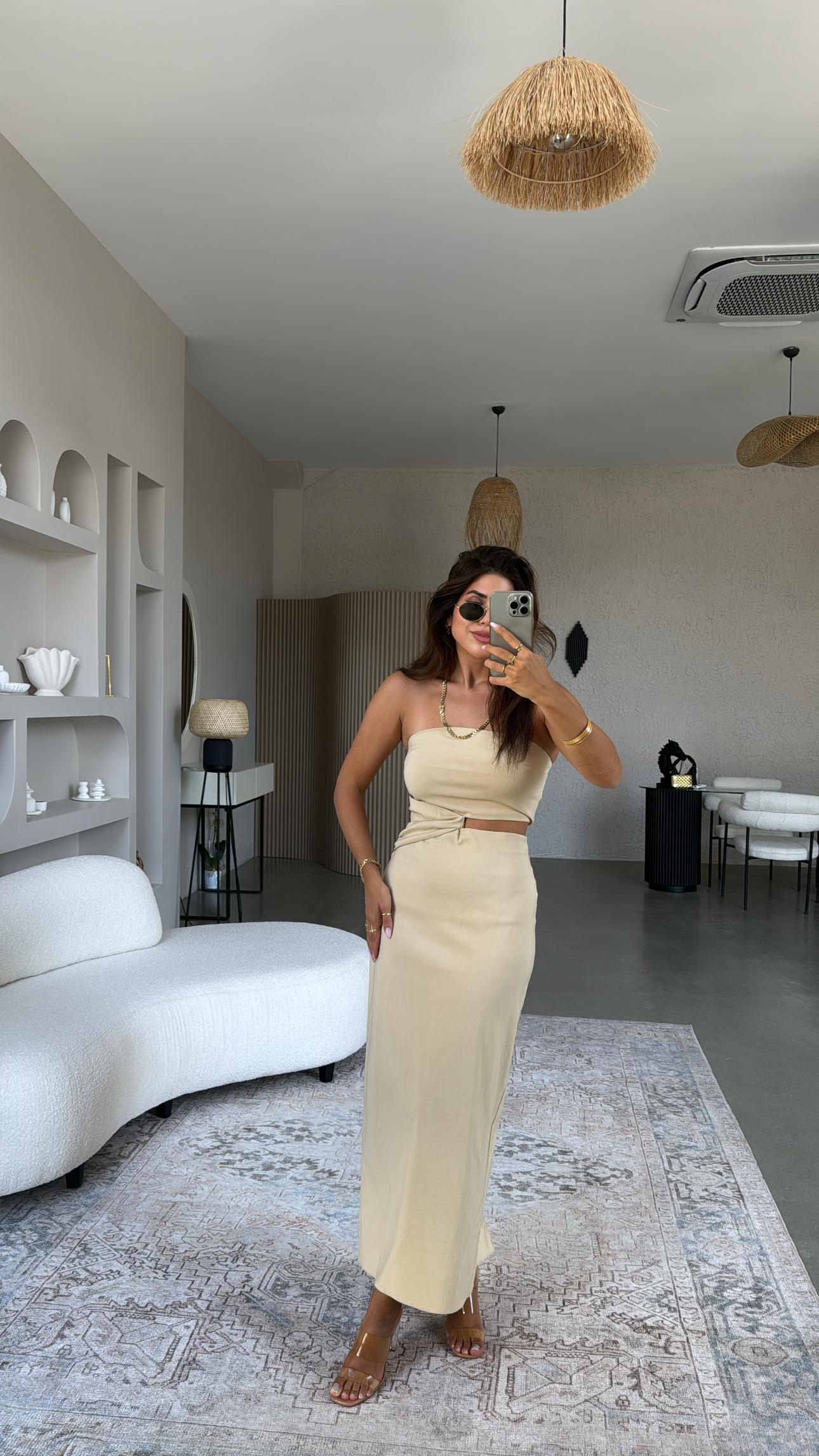 Bej Straplez Midi Elbise