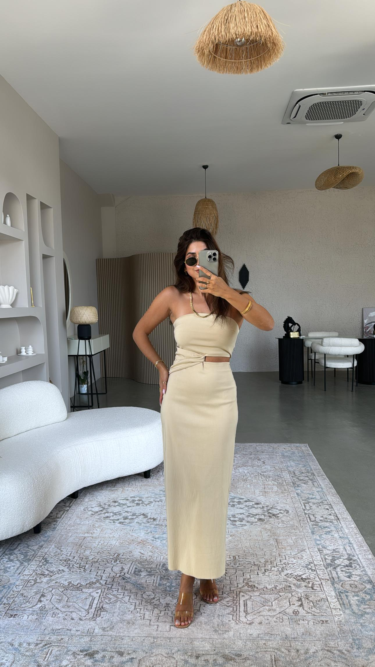 Bej Straplez Midi Elbise