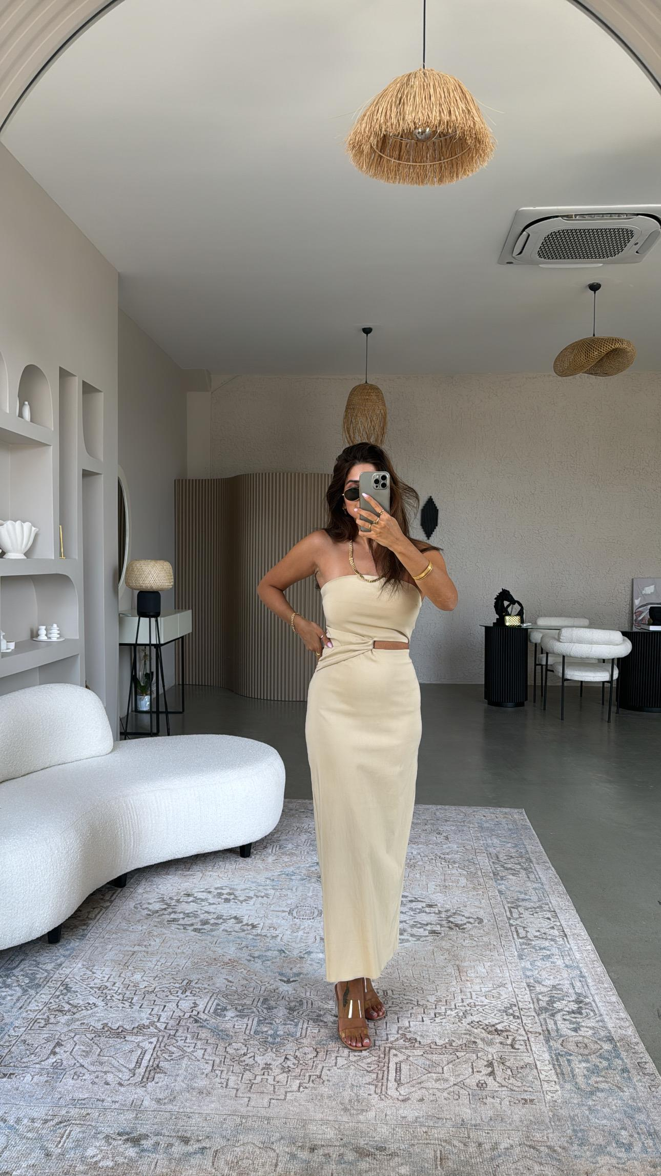 Bej Straplez Midi Elbise