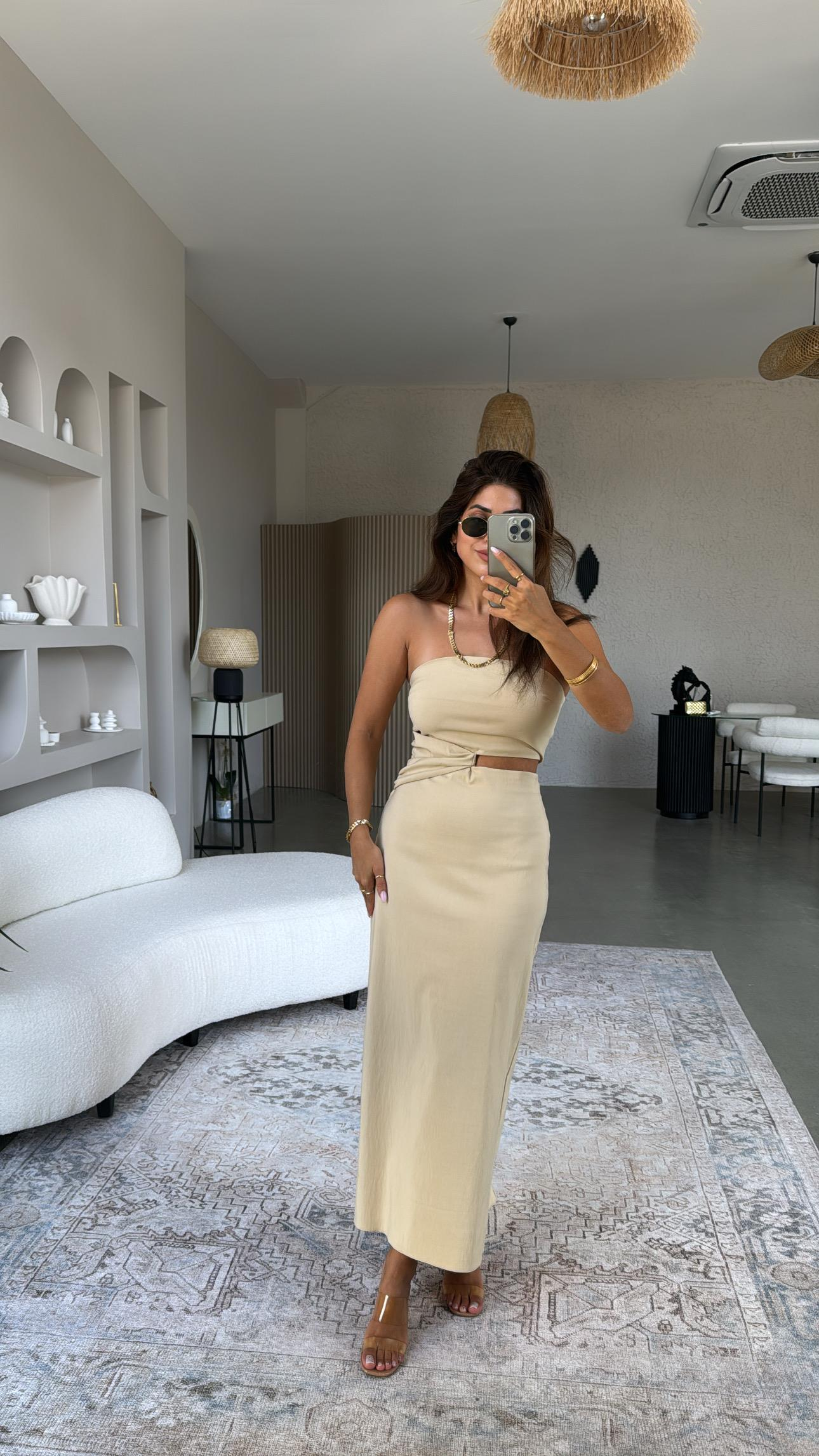 Bej Straplez Midi Elbise