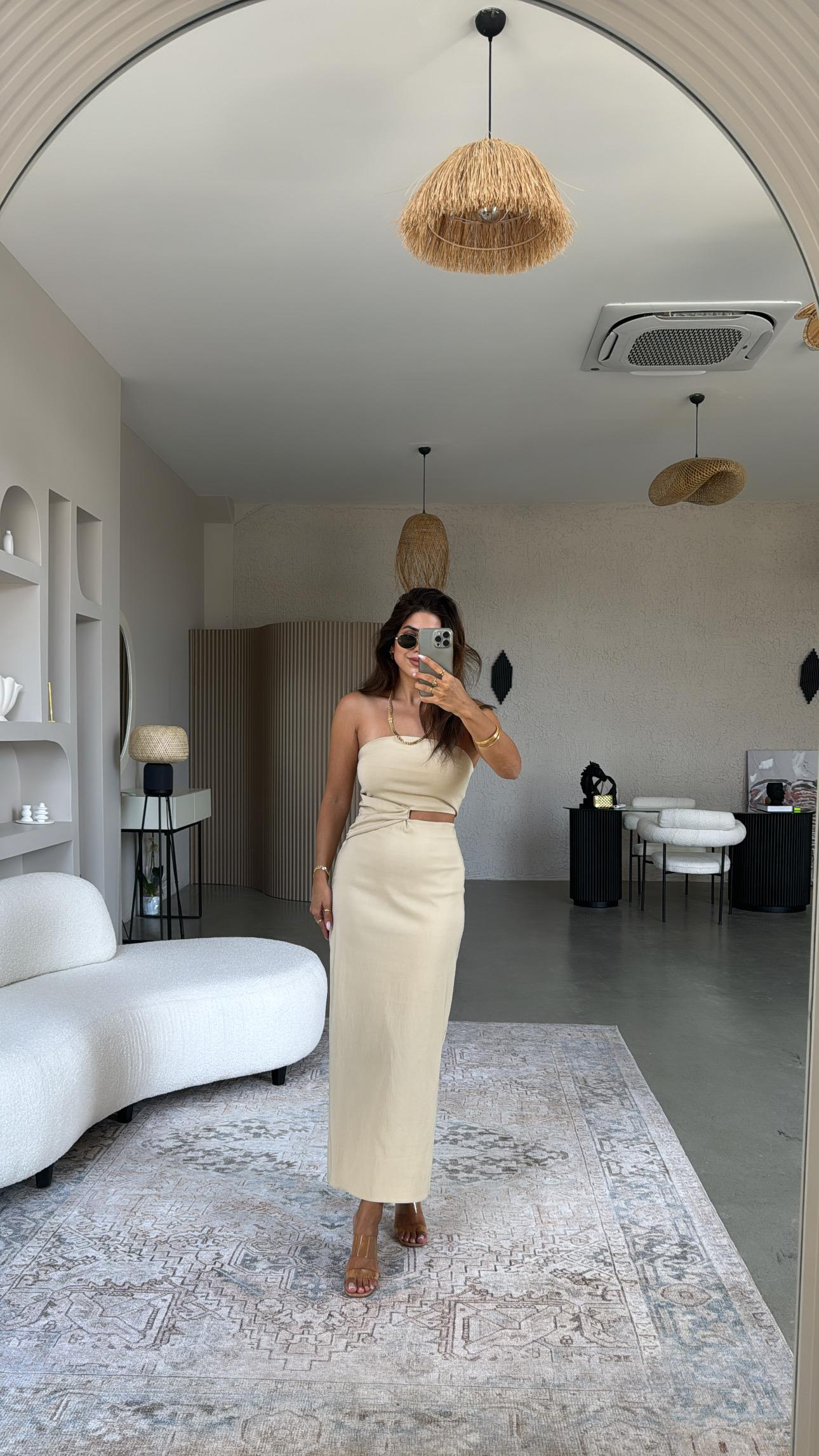 Bej Straplez Midi Elbise