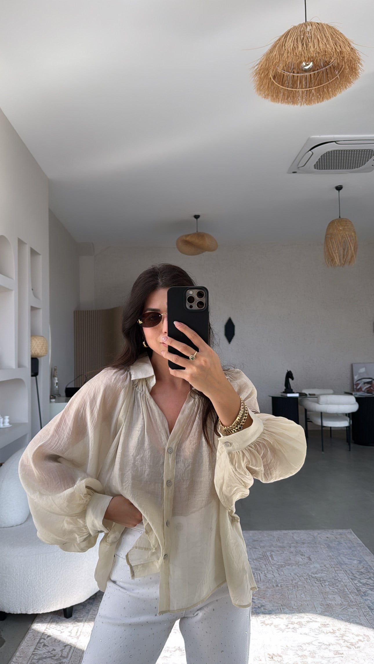 Bej Transparan Balon Kol Bohem Gömlek