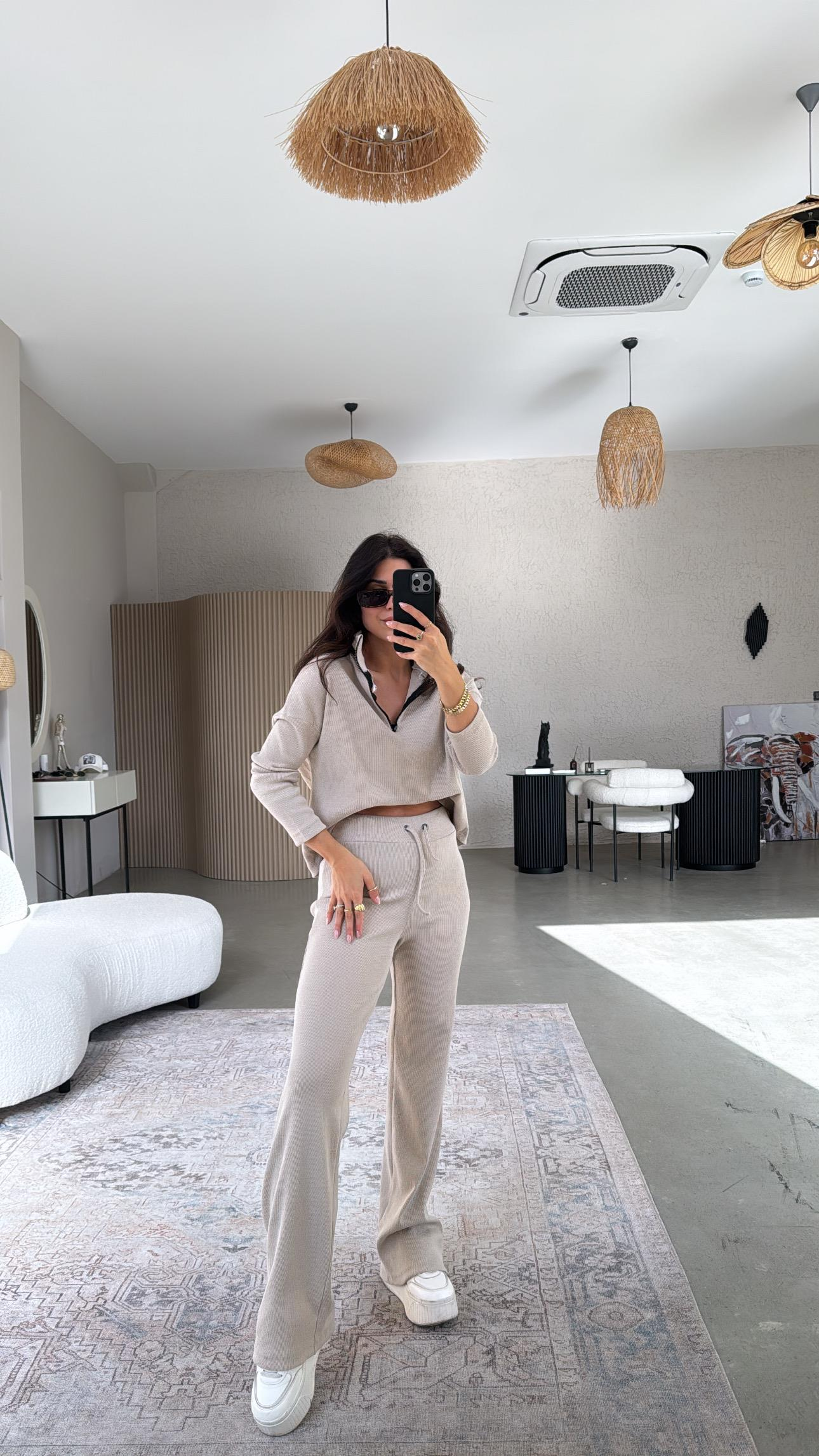 Bej Yarım Fermuarlı Fitilli Basic Takım