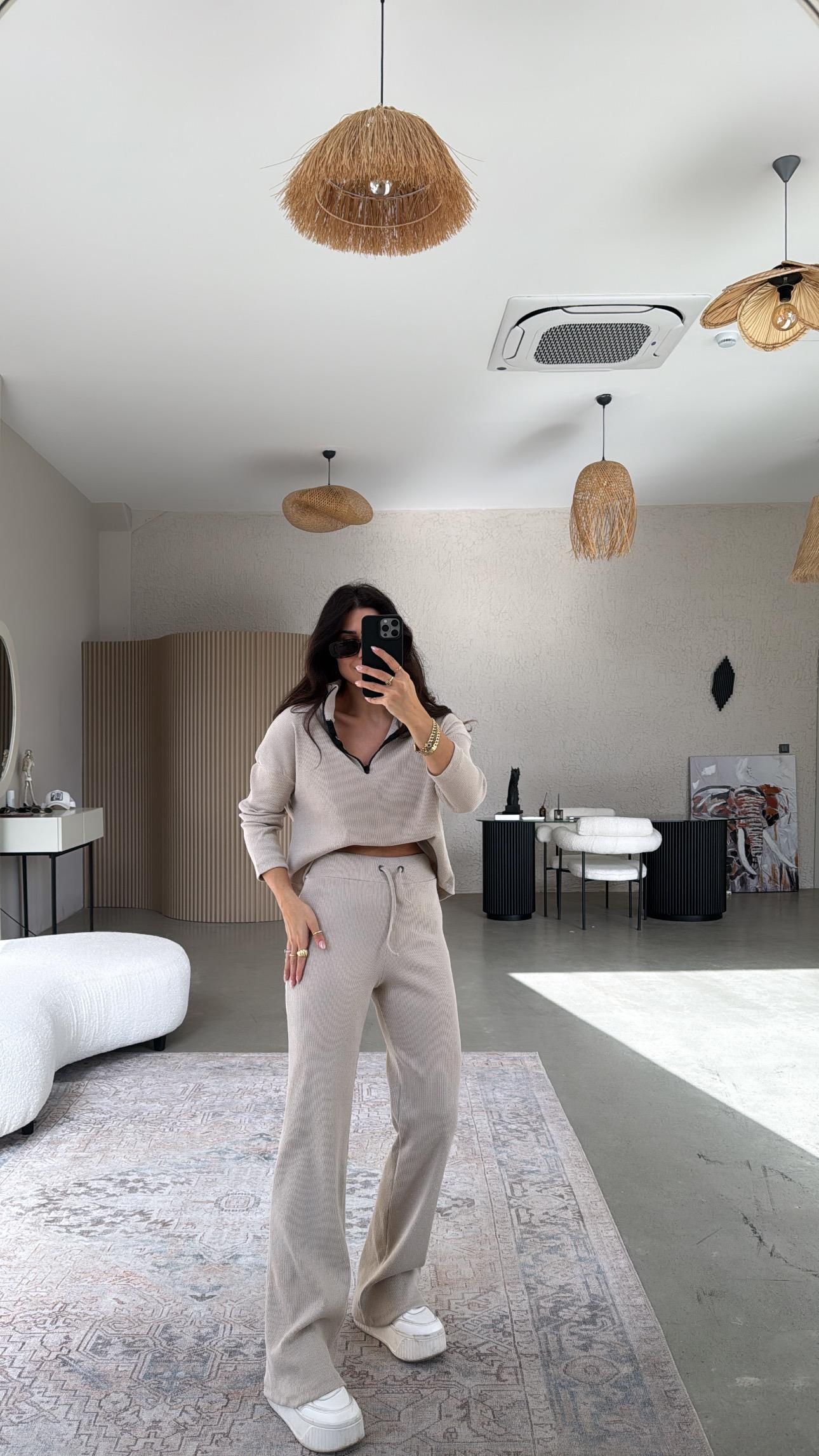 Bej Yarım Fermuarlı Fitilli Basic Takım