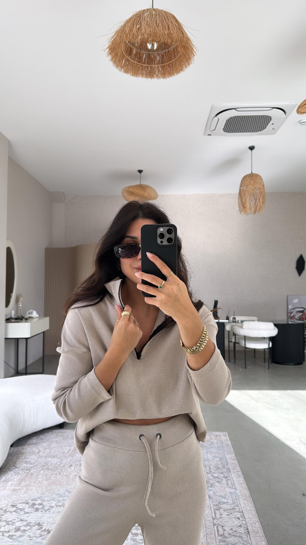 Bej Yarım Fermuarlı Fitilli Basic Takım