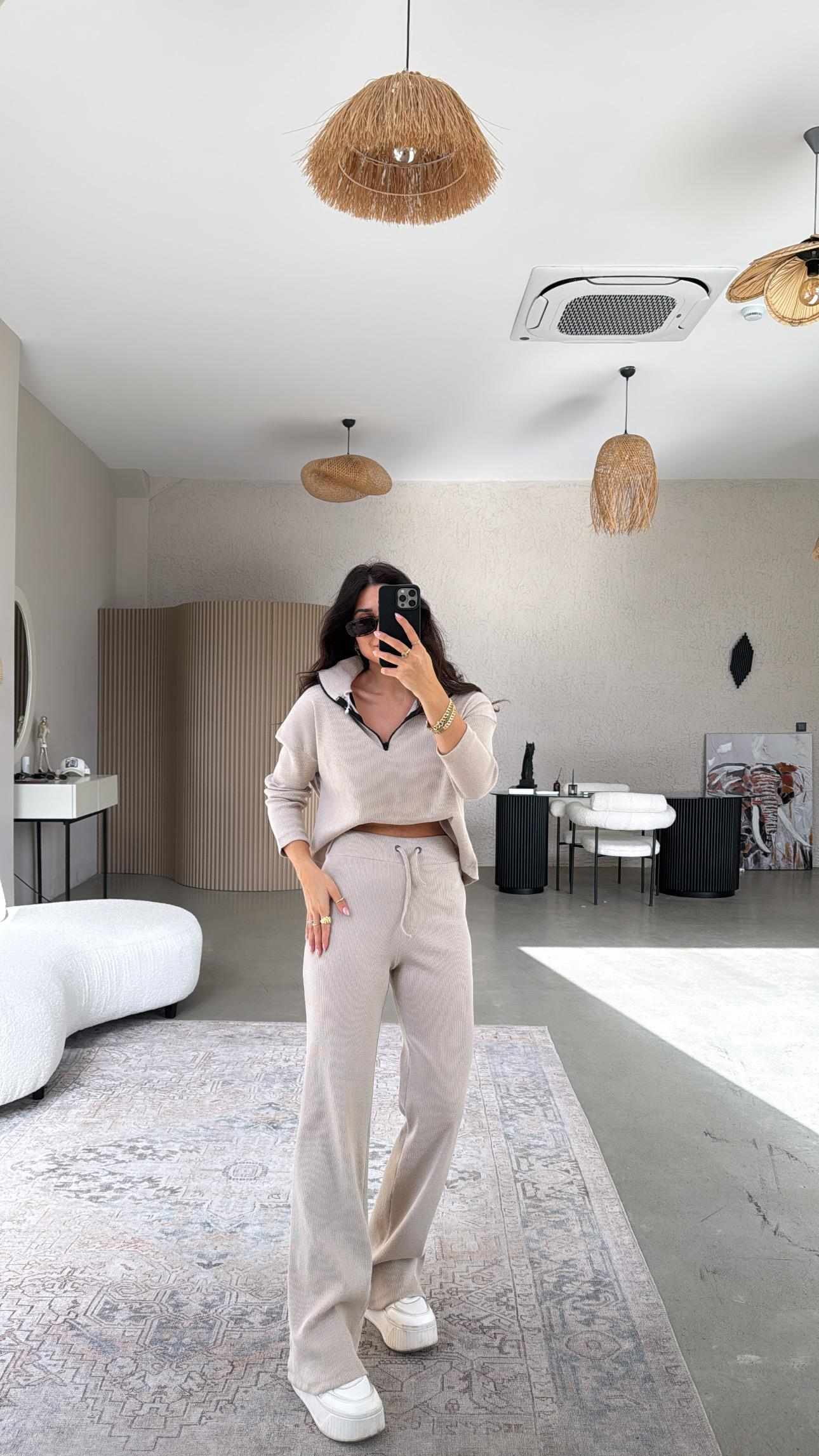 Bej Yarım Fermuarlı Fitilli Basic Takım