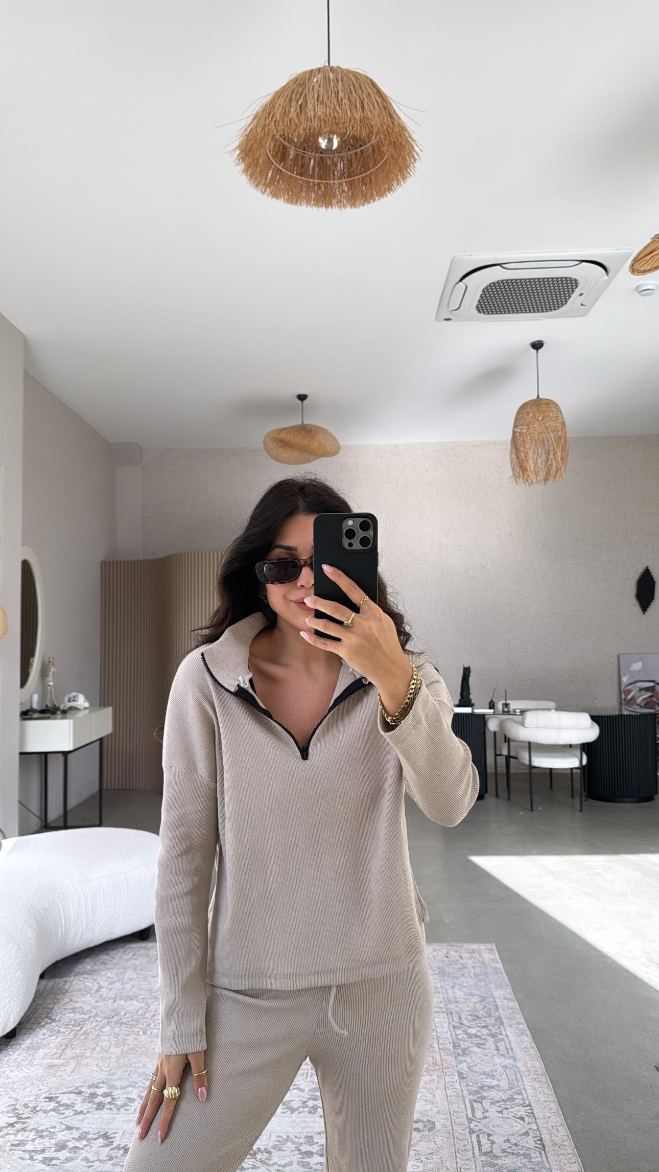 Bej Yarım Fermuarlı Fitilli Basic Takım