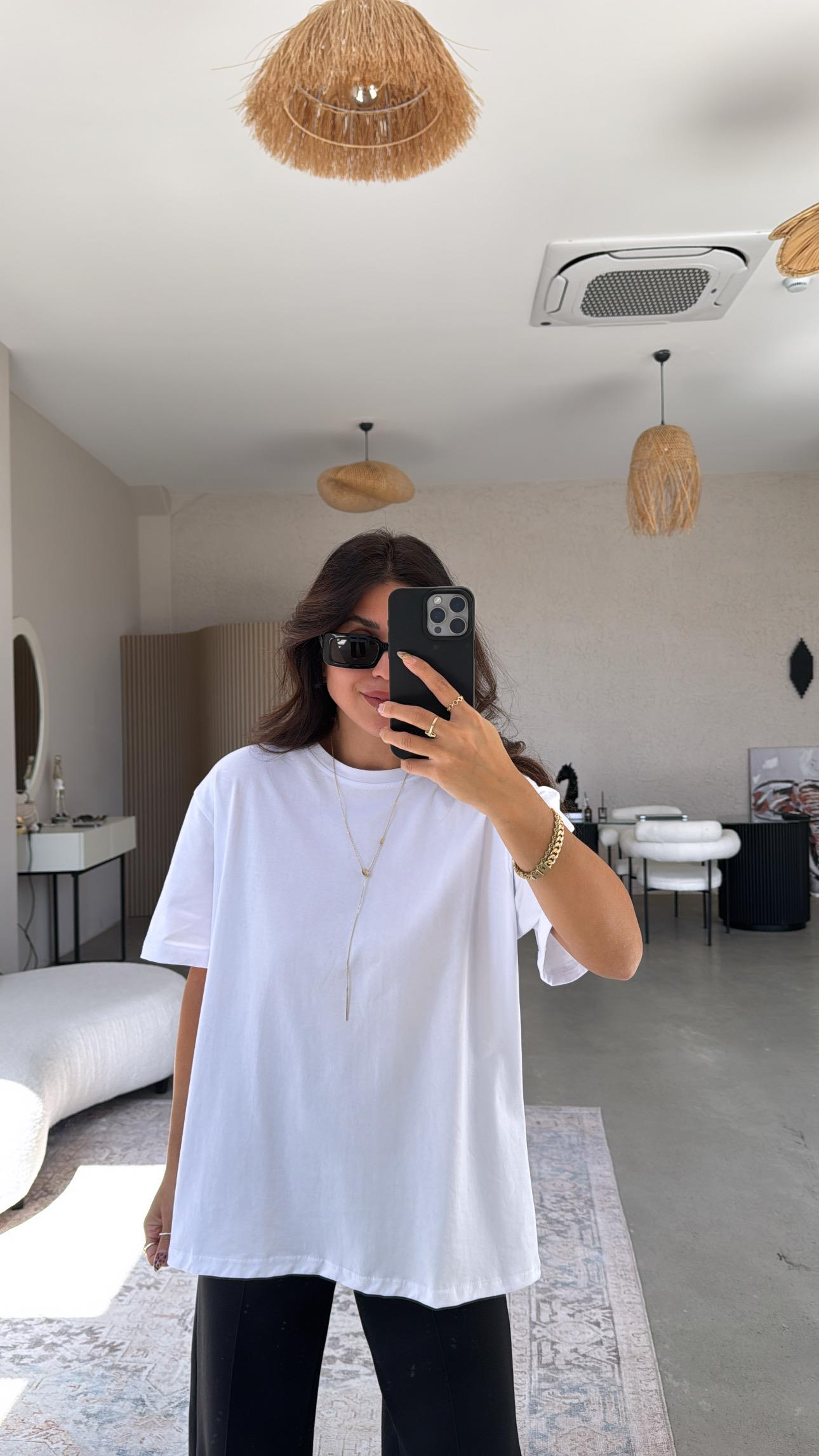 Beyaz Basic Bisiklet Yaka Tshirt