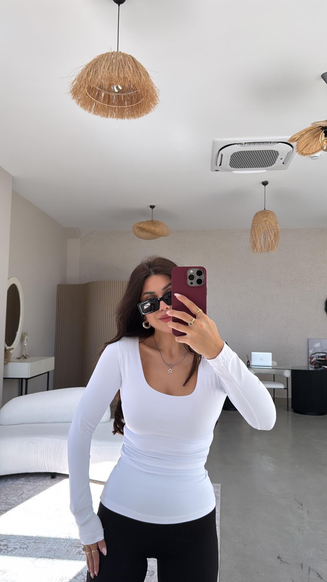 Beyaz Kare Yaka Scuba Basic Bluz