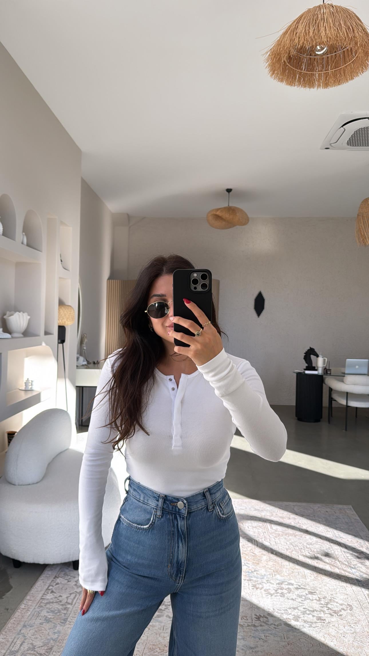 Beyaz Pamuklu Çıtçıtlı Uzun Kol Basic Bluz