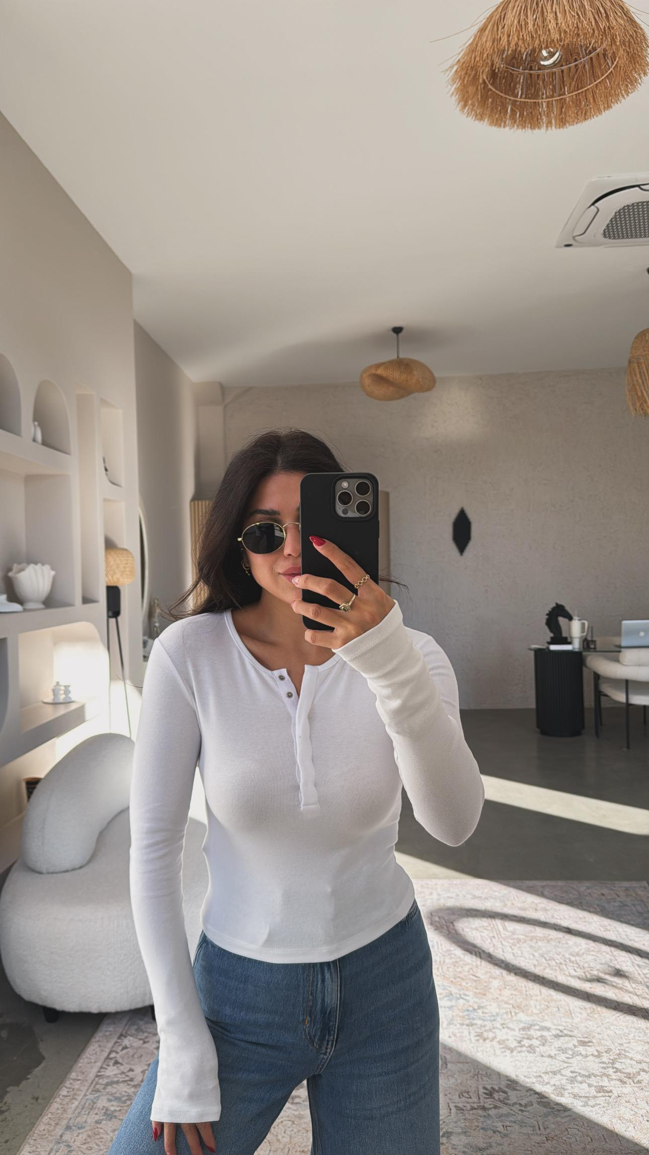 Beyaz Pamuklu Çıtçıtlı Uzun Kol Basic Bluz