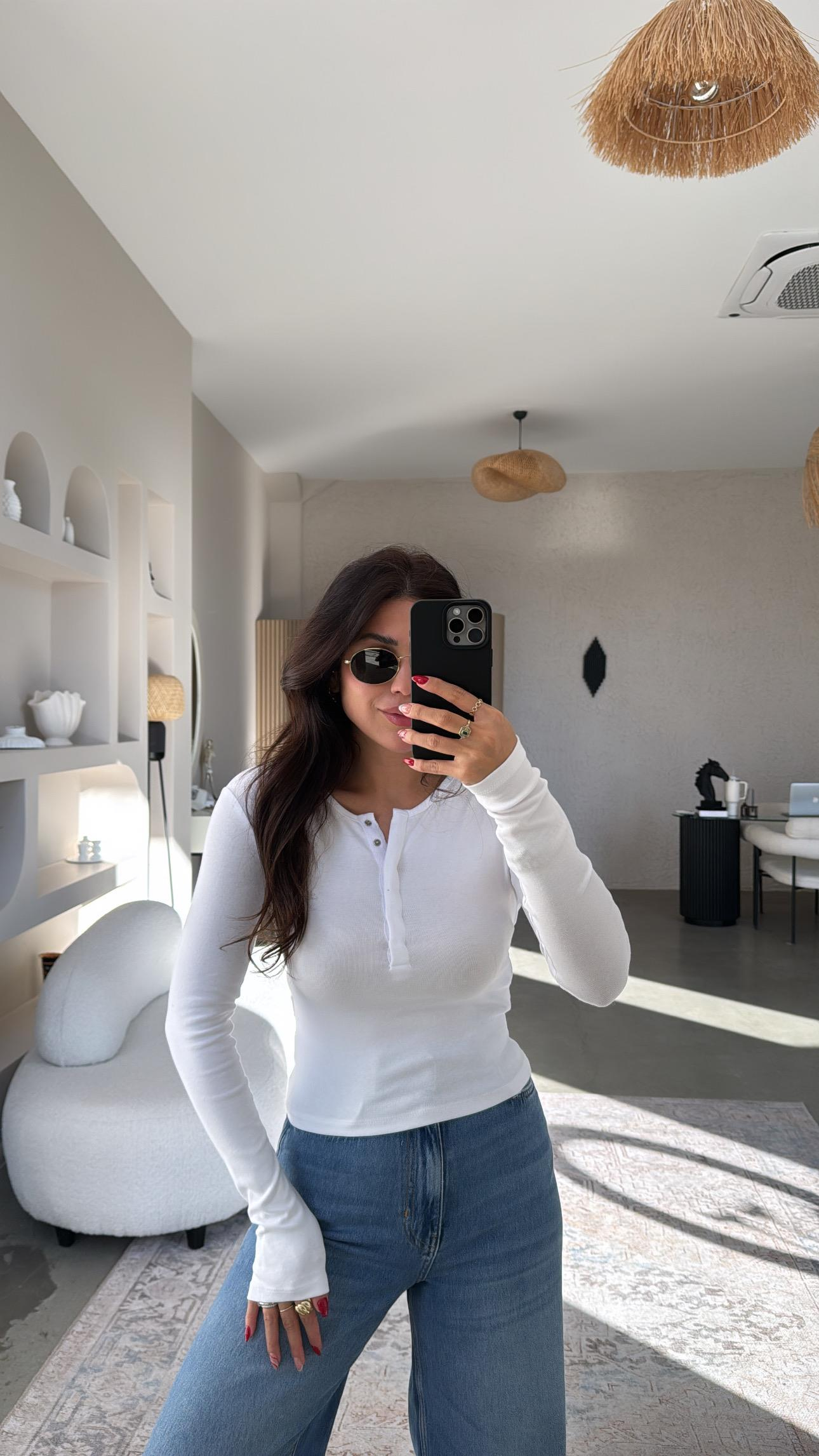 Beyaz Pamuklu Çıtçıtlı Uzun Kol Basic Bluz