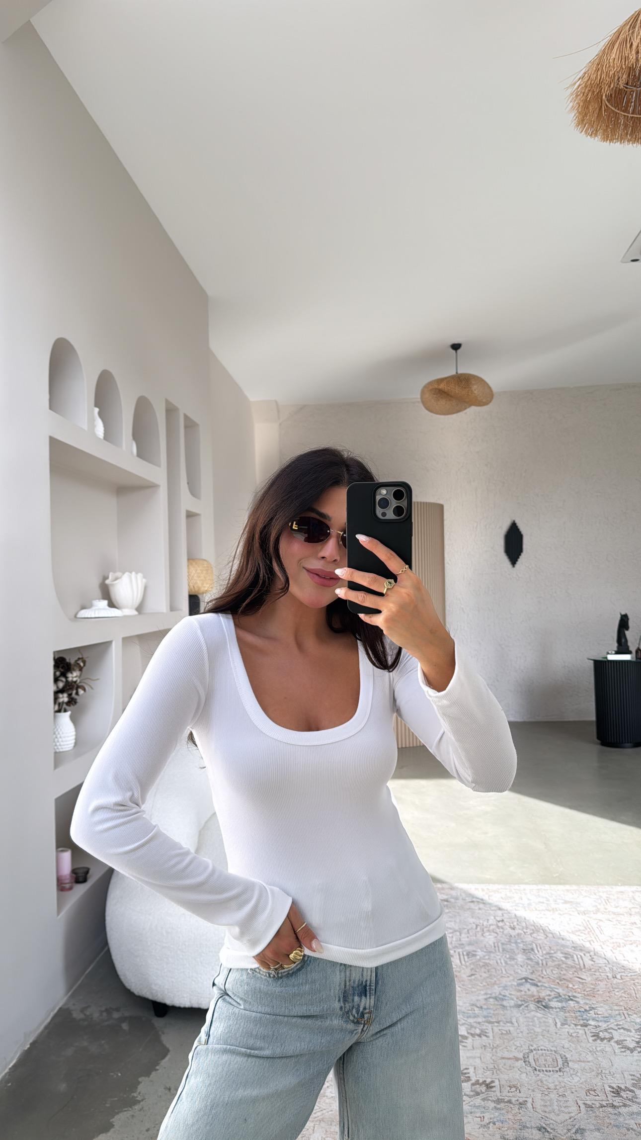 Beyaz U Yaka Uzun Kollu Fitilli Basic