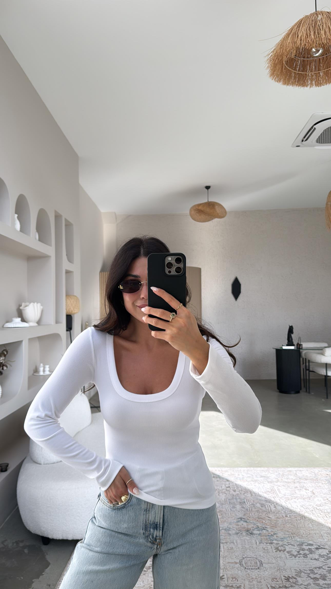 Beyaz U Yaka Uzun Kollu Fitilli Basic