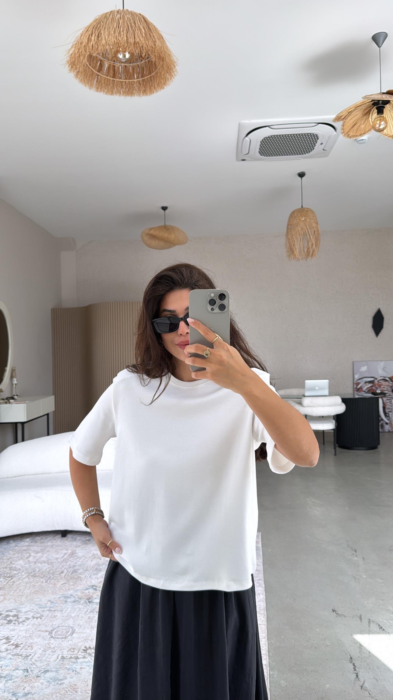 Beyaz Vatkalı Pamuk Basic Tshirt