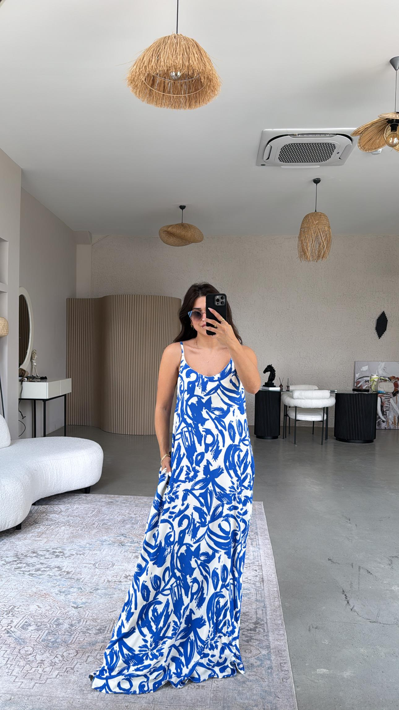 Blue White Viskon Cepli Yırtmaçlı Elbise