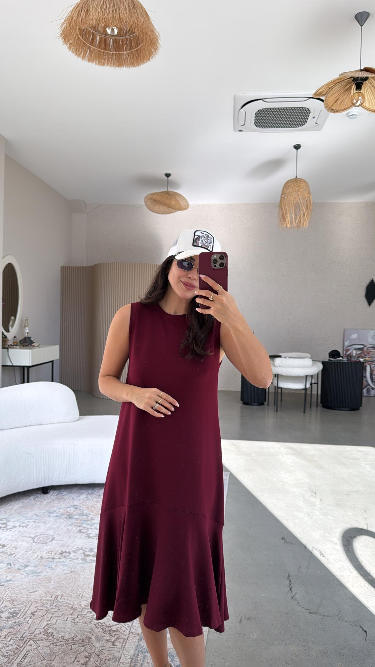 Bordo Altı Volanlı Elbise