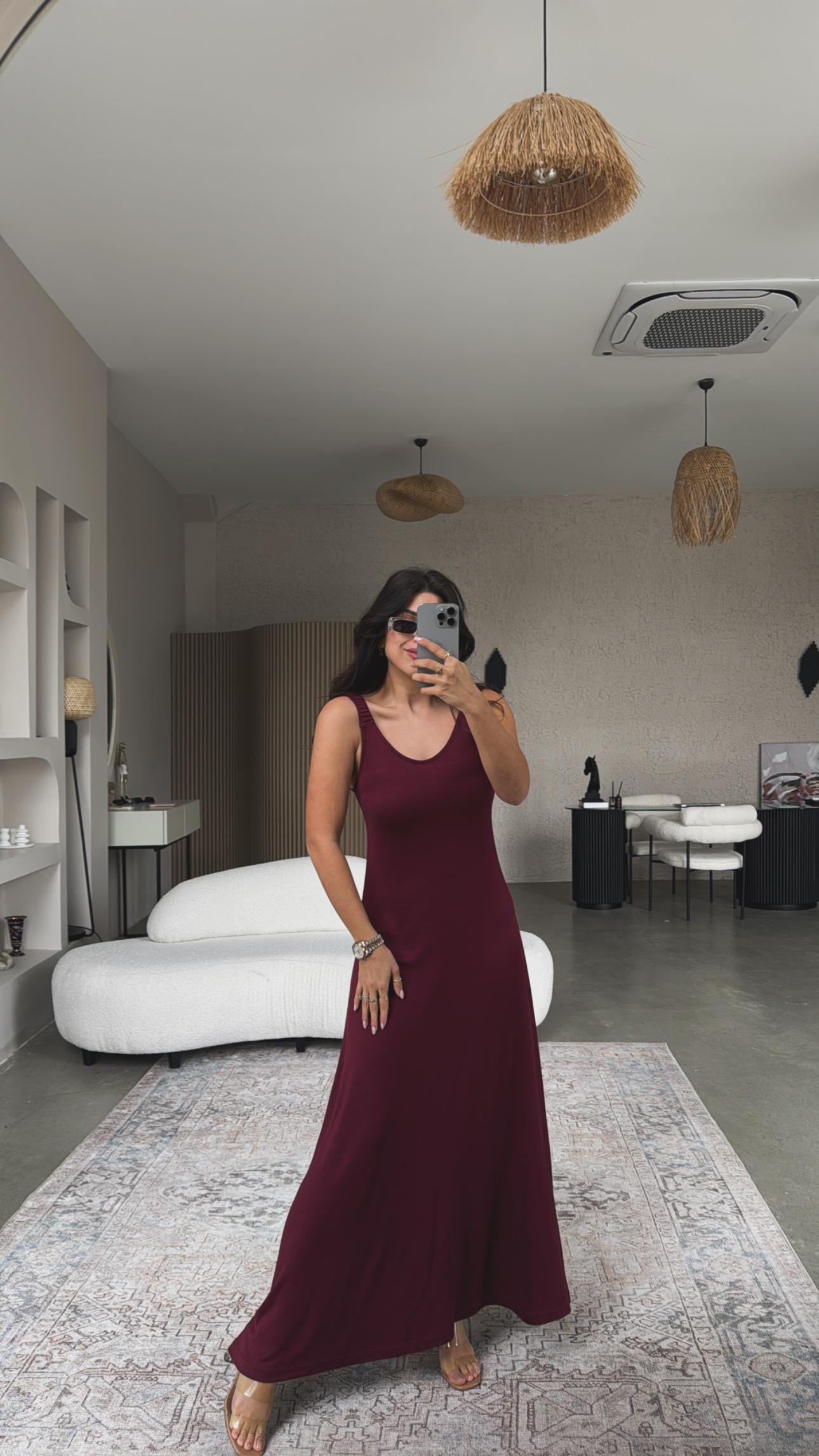 Bordo Askıları Lastikli Pike Modal Elbise
