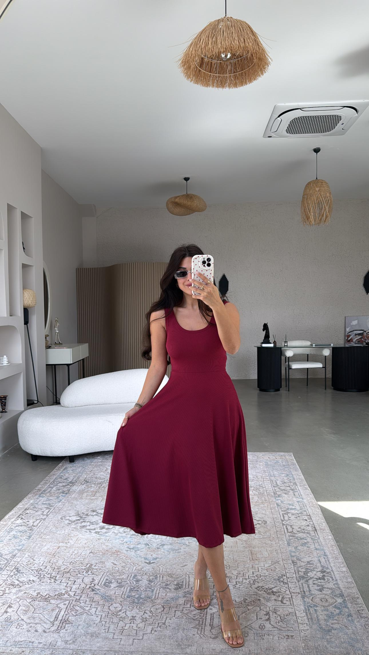 Bordo Askılı Kaşkorse Elbise