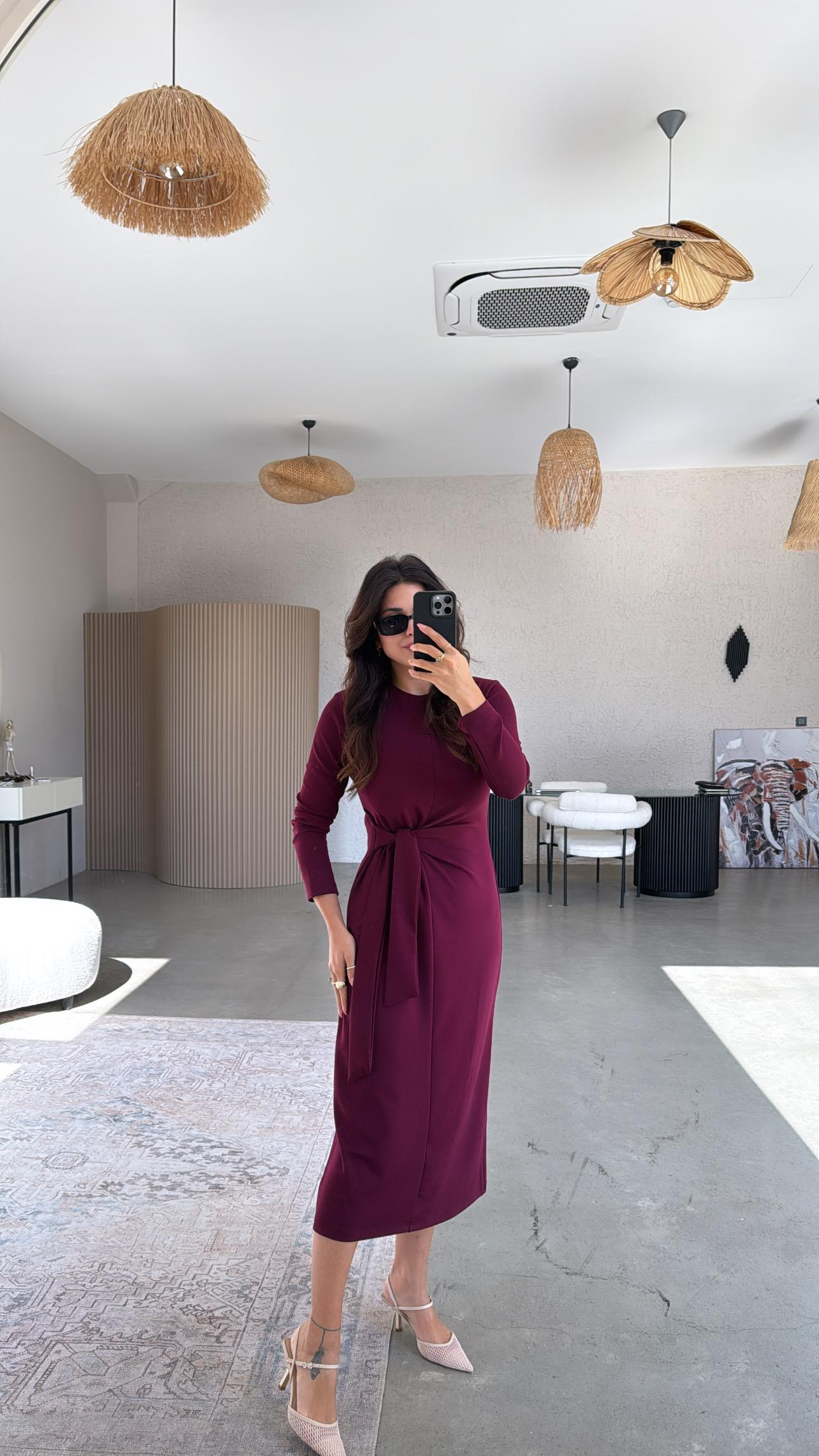 Bordo Bağlamalı Modal Elbise