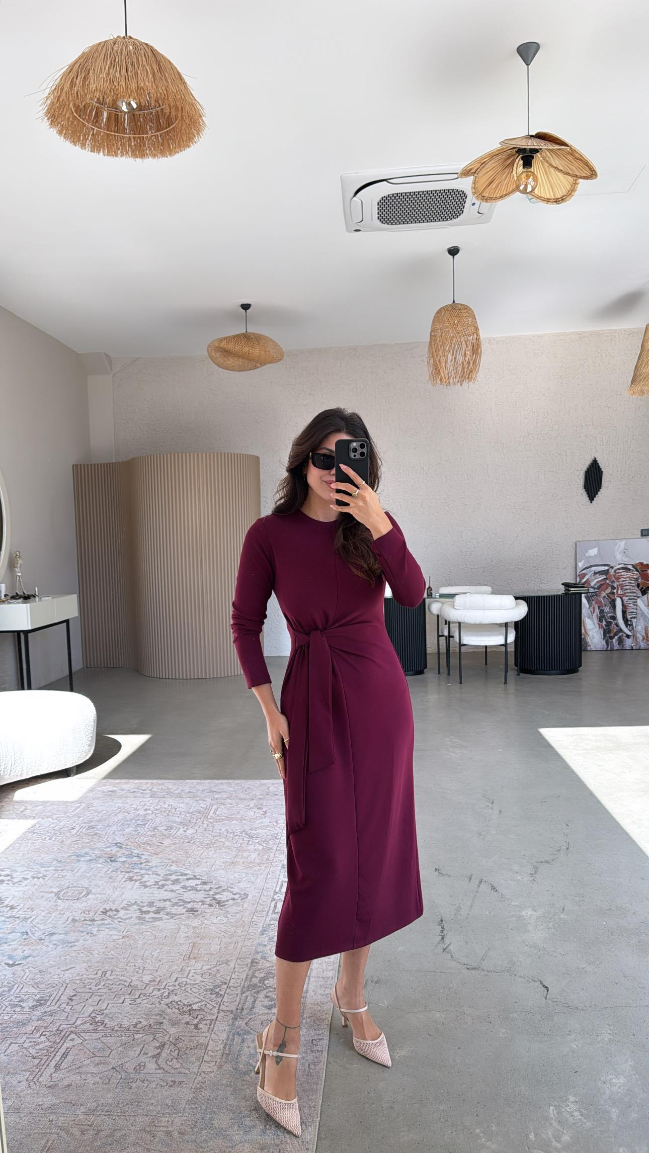 Bordo Bağlamalı Modal Elbise