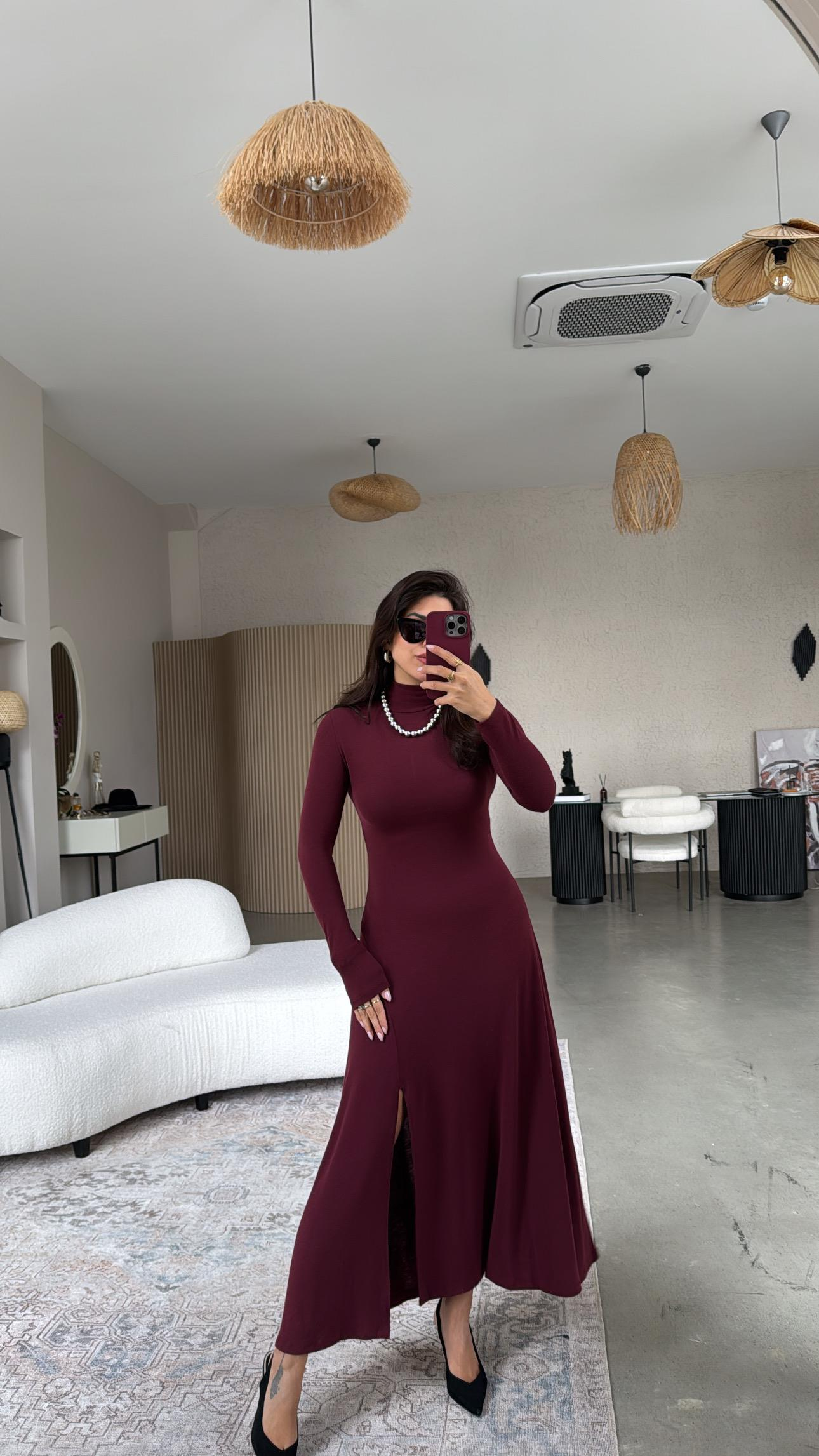 Bordo Balıkçı Çilek Triko Yırtmaçlı Elbise