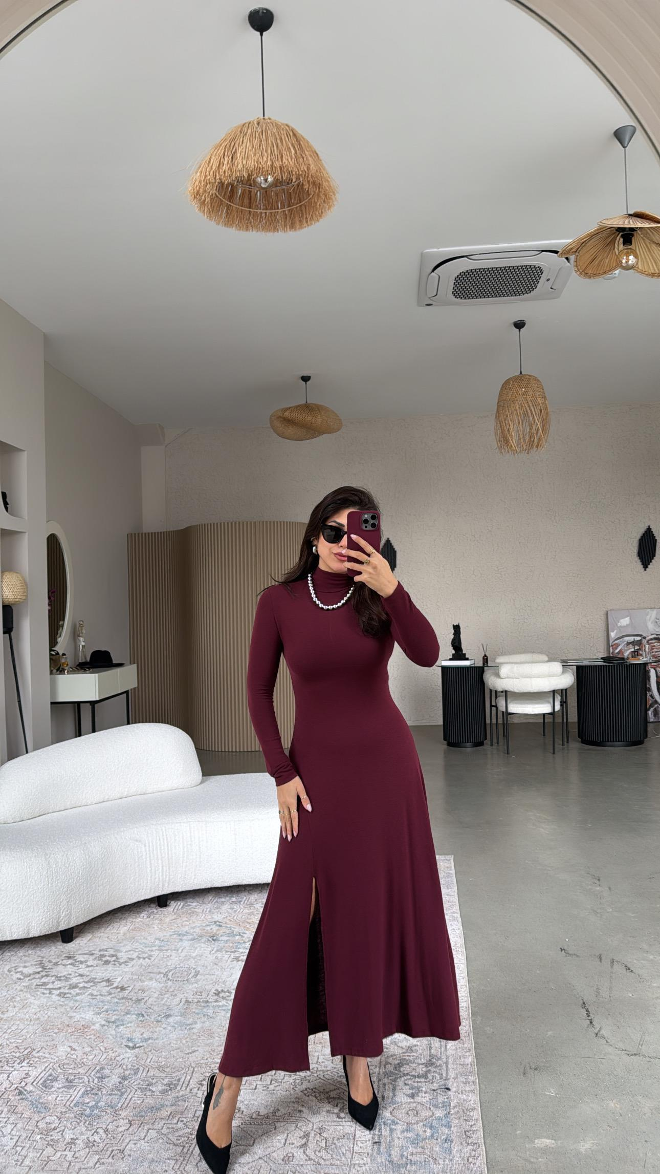 Bordo Balıkçı Çilek Triko Yırtmaçlı Elbise