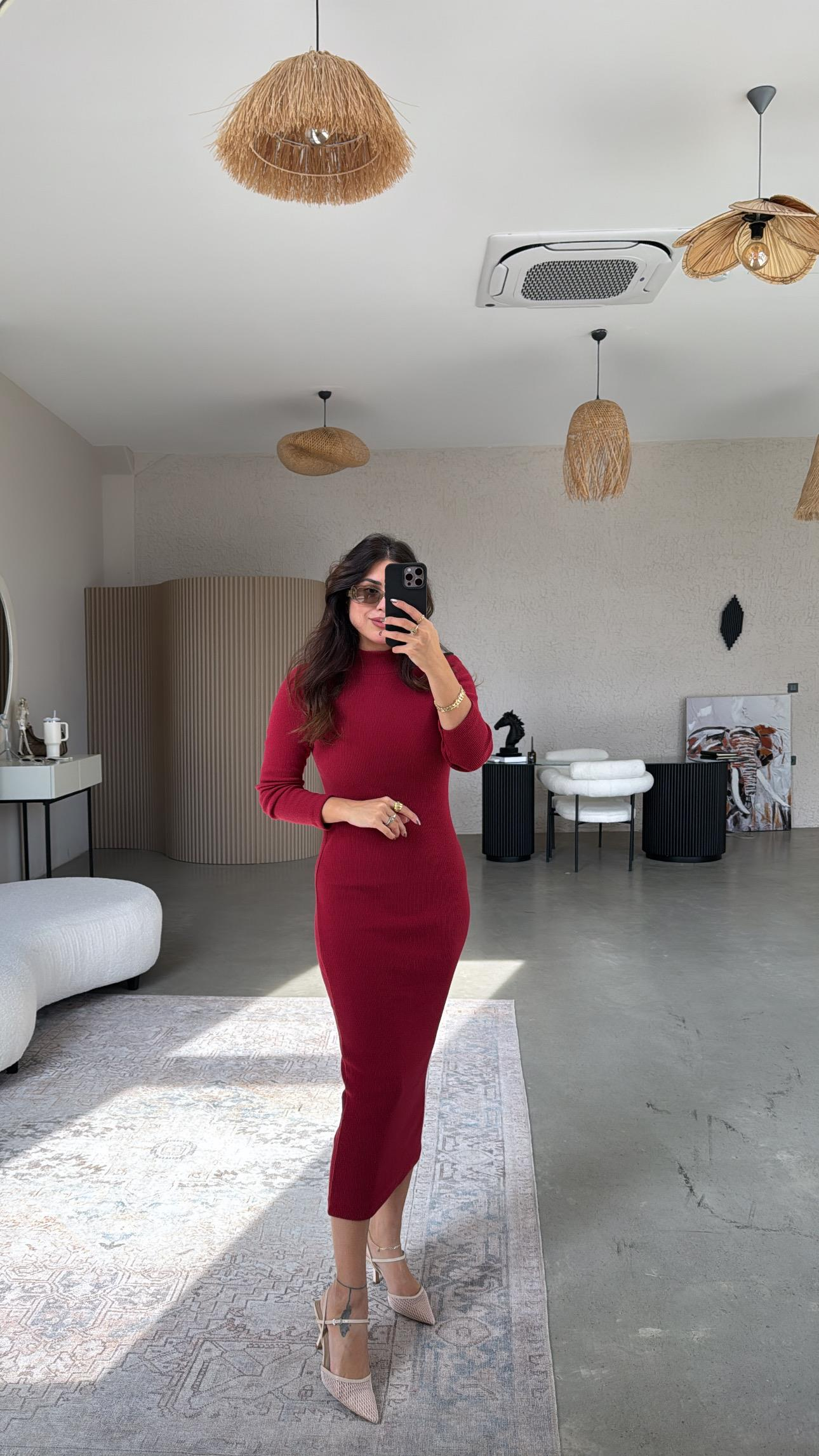 Bordo Balıkçı Yün Triko Elbise