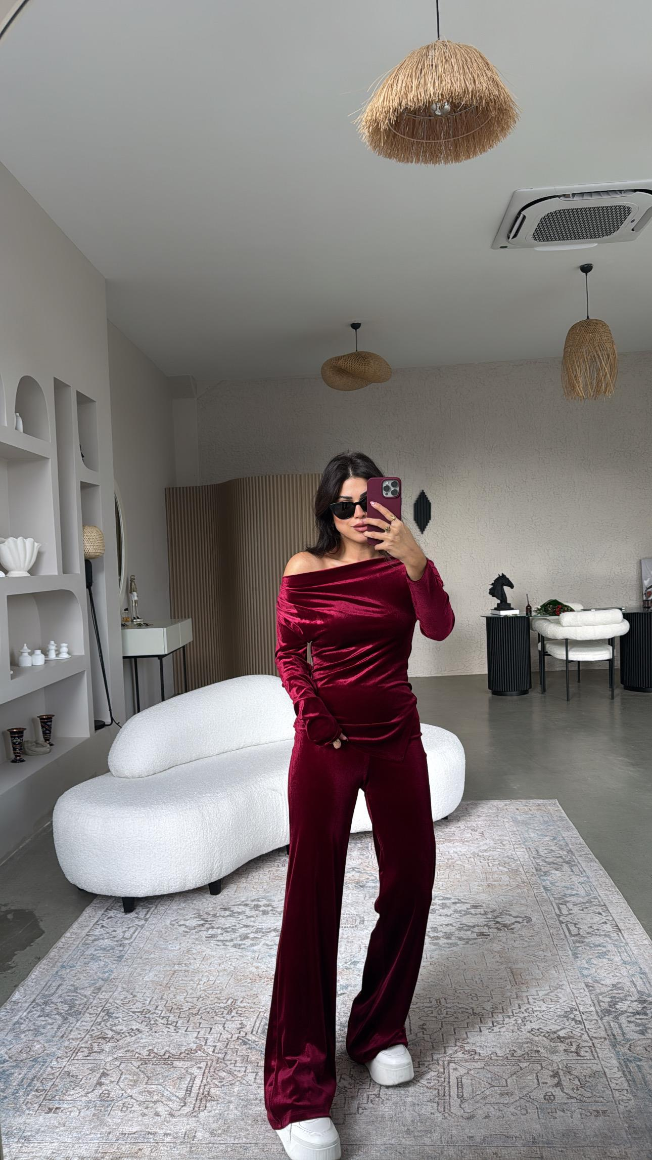 Bordo Basic Kadife Pantolon