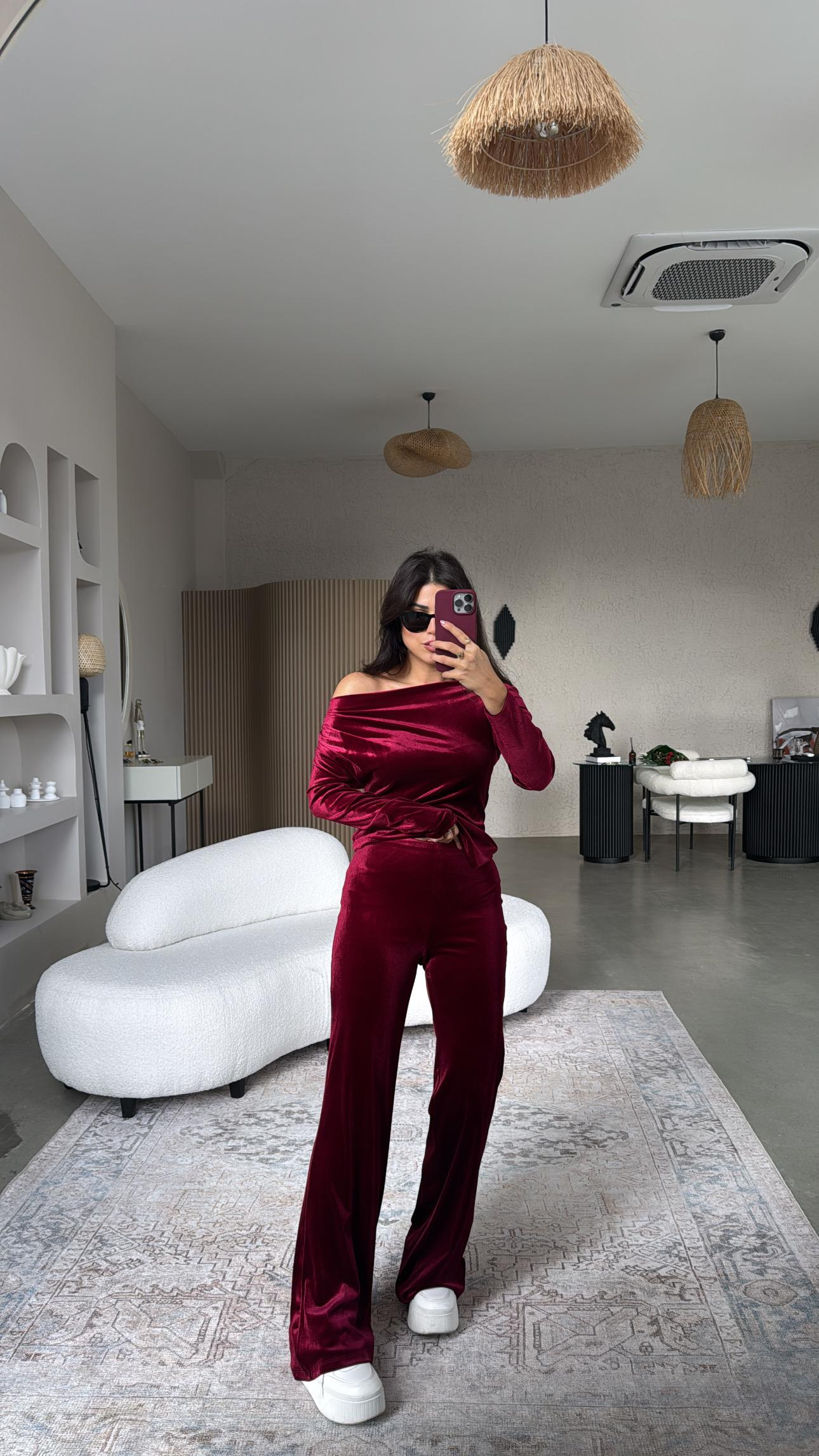 Bordo Basic Kadife Pantolon