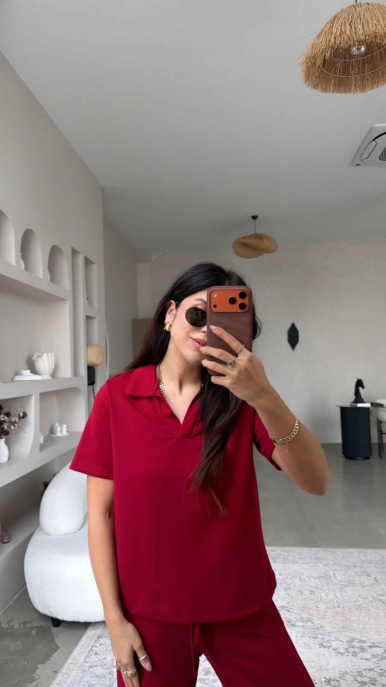 Bordo Basic Modal Kumaş Yakalı Bol Paça Takım