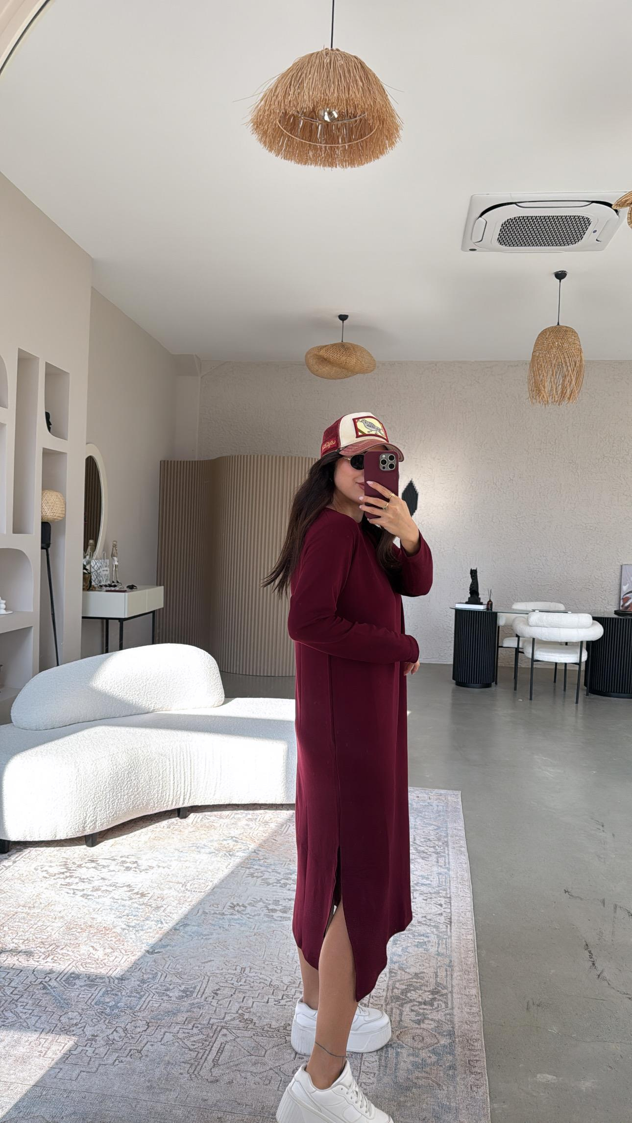 Bordo Bisiklet Yaka Uzun Kollu Basic Elbise