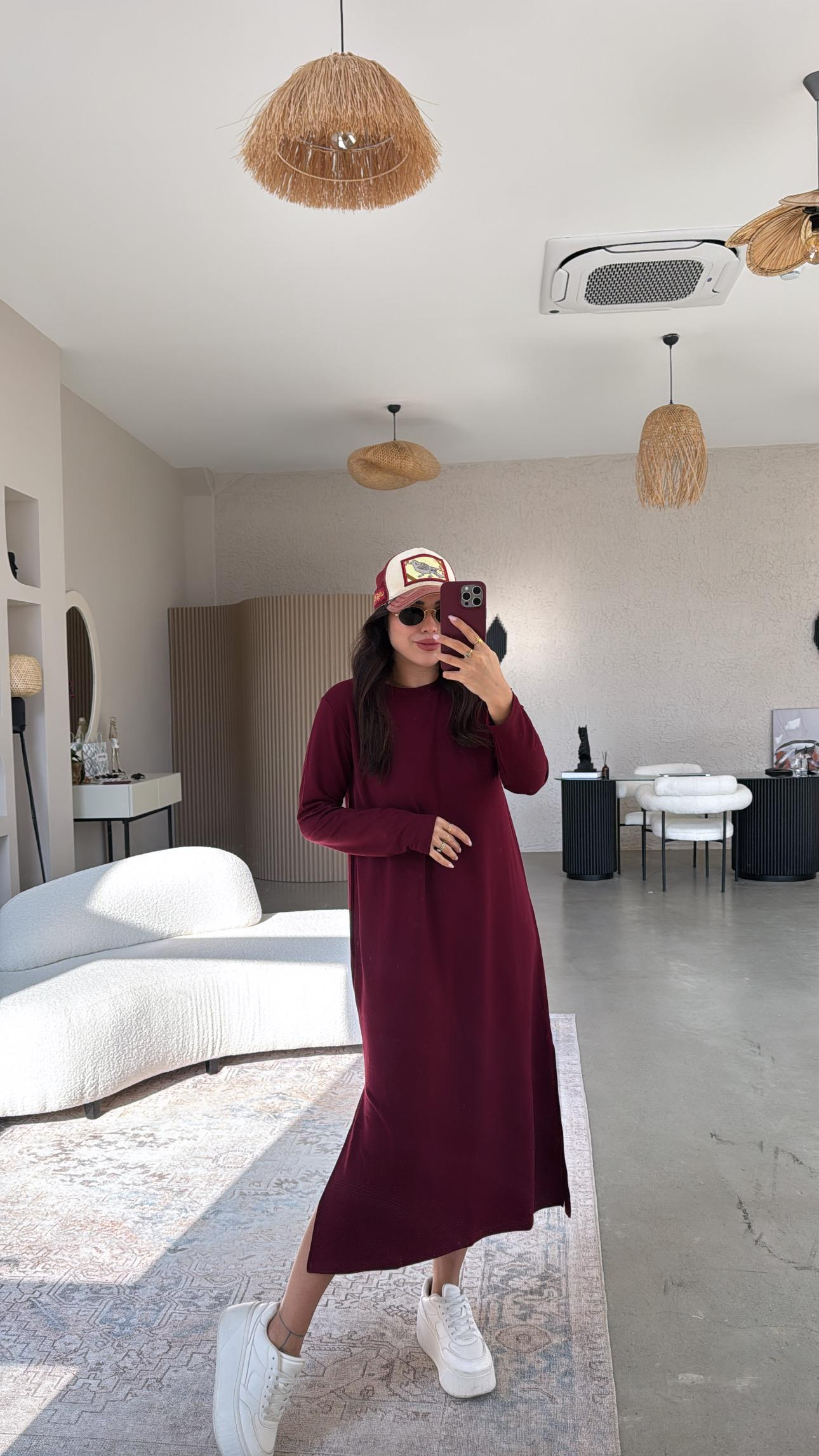 Bordo Bisiklet Yaka Uzun Kollu Basic Elbise