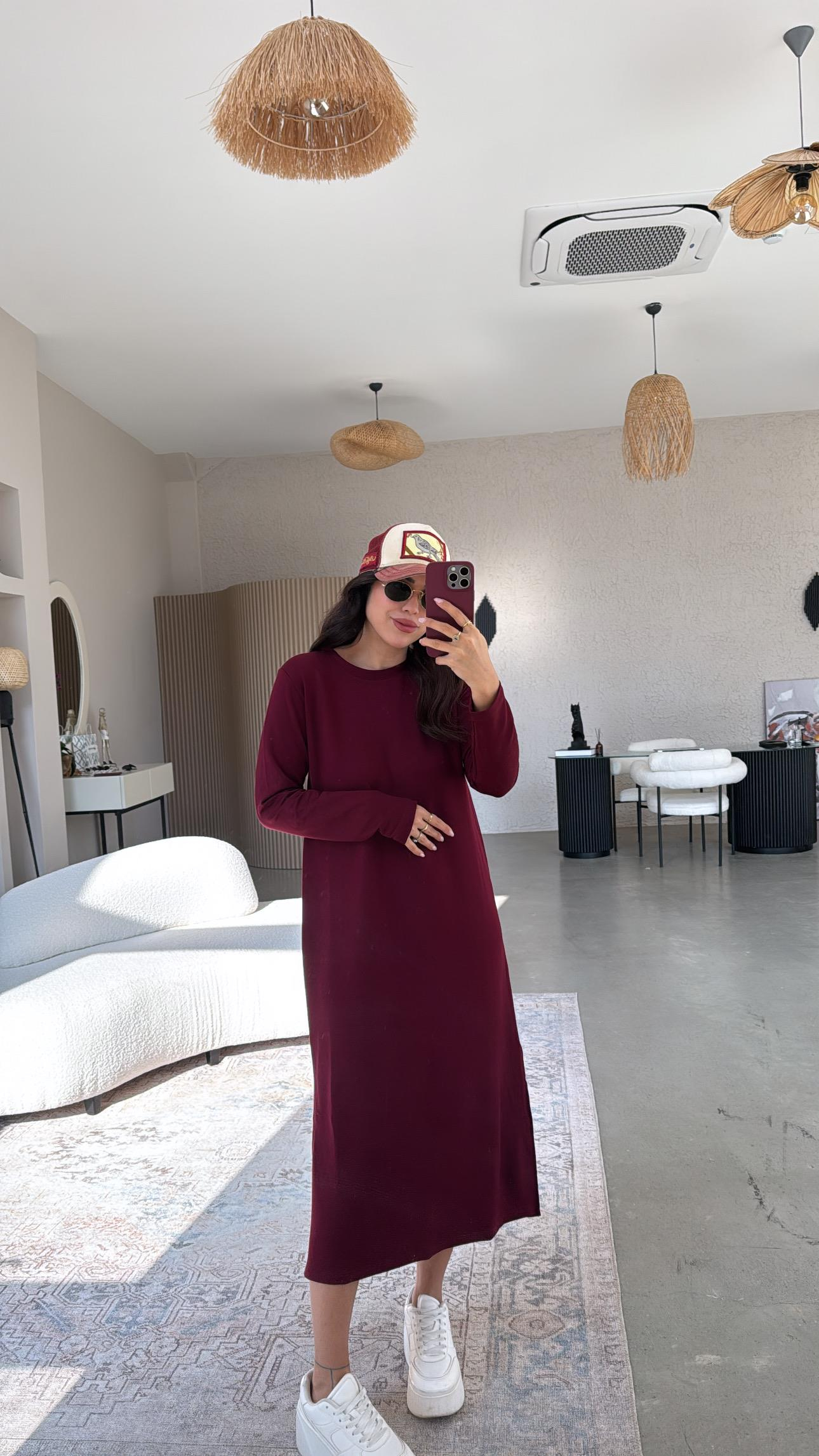 Bordo Bisiklet Yaka Uzun Kollu Basic Elbise