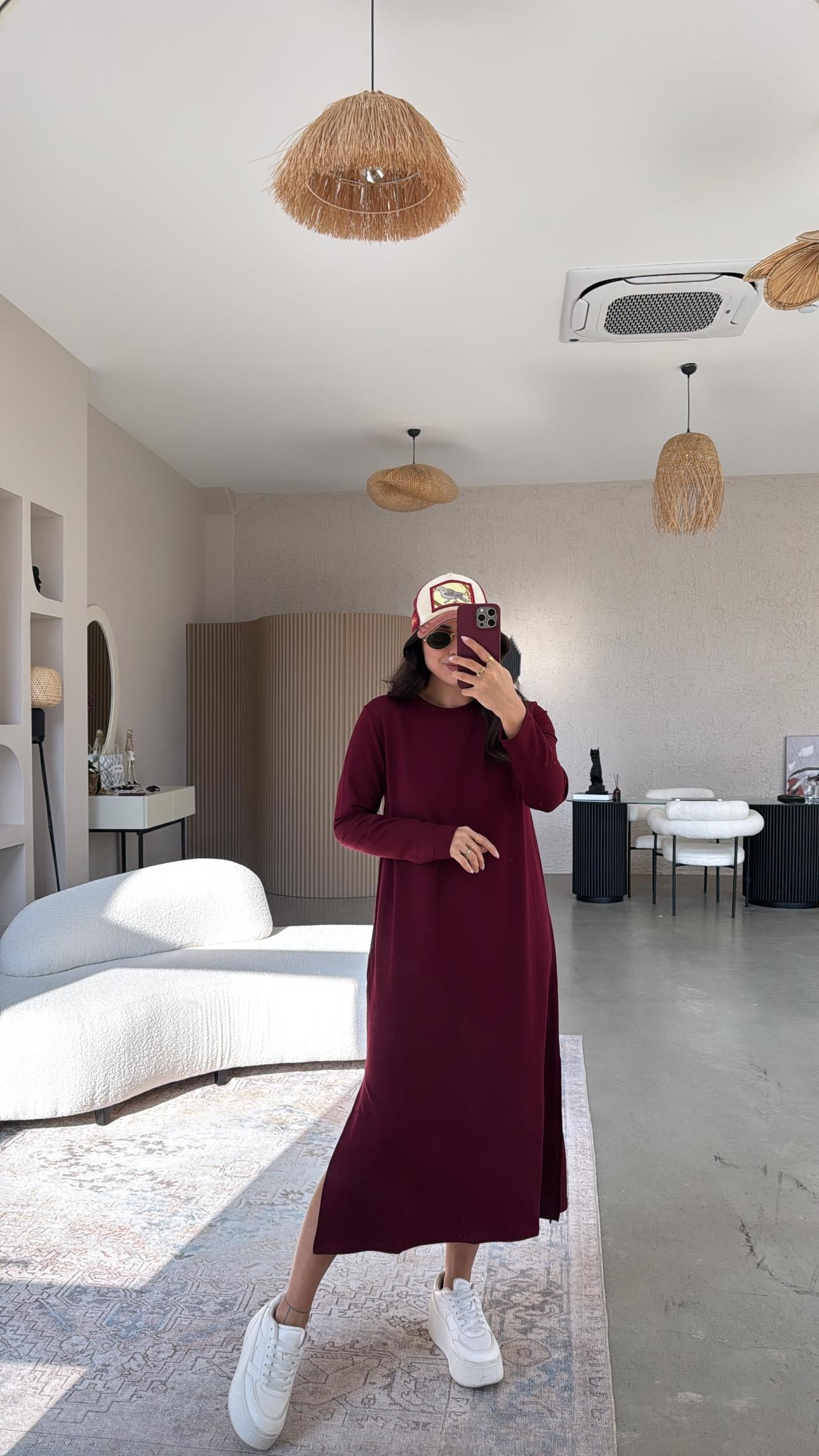 Bordo Bisiklet Yaka Uzun Kollu Basic Elbise