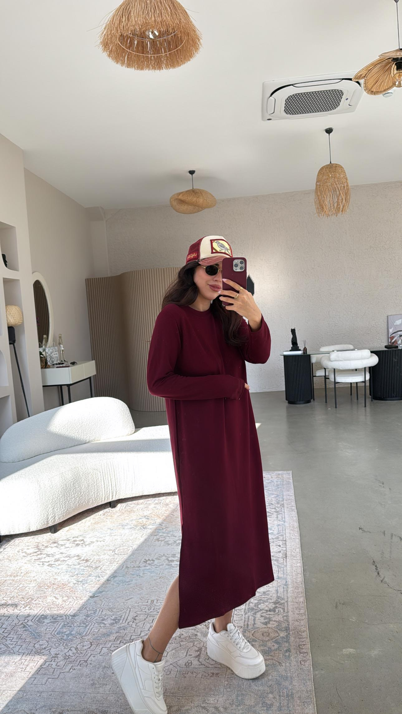 Bordo Bisiklet Yaka Uzun Kollu Basic Elbise