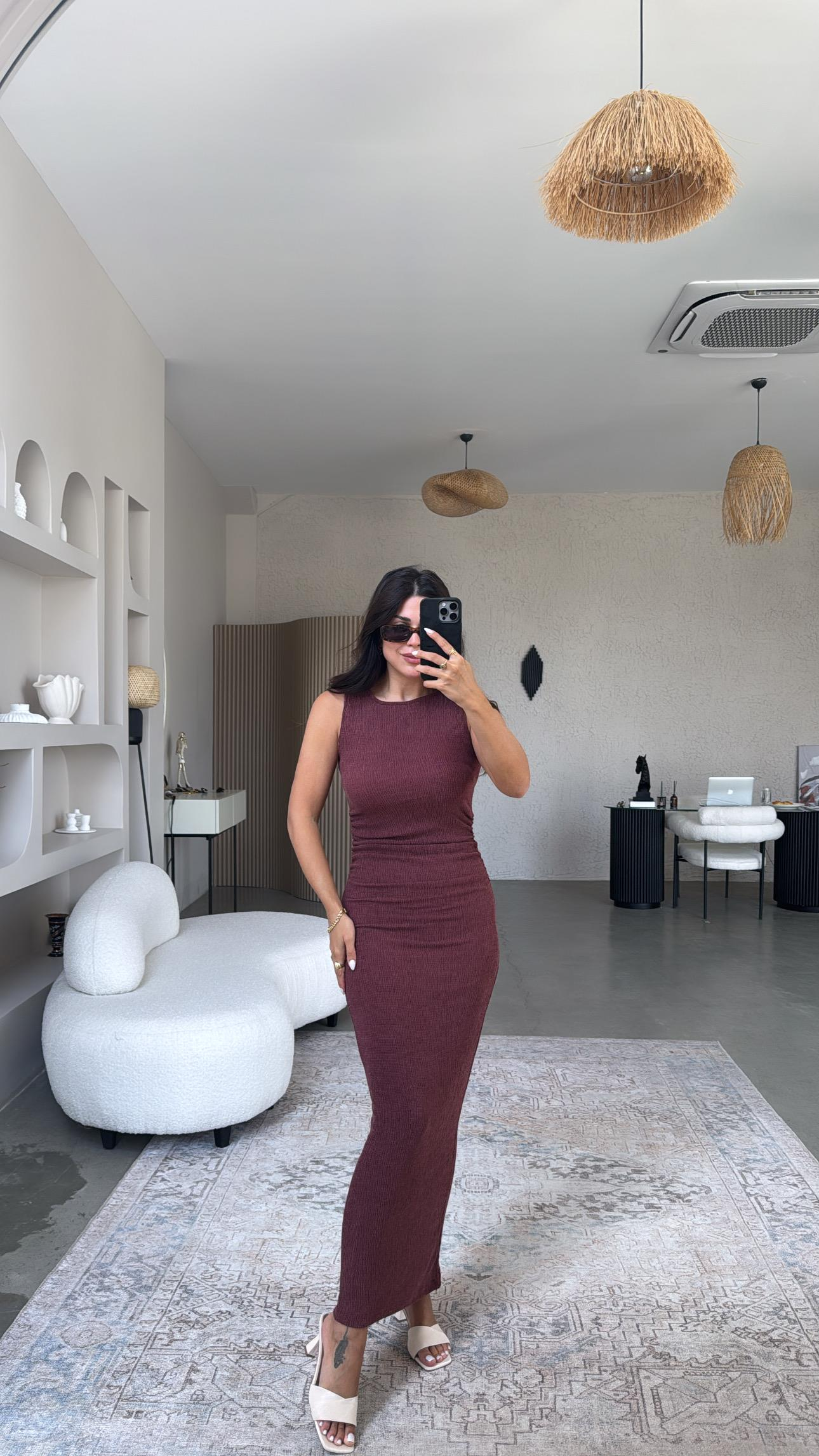 Bordo Bürümcük ZR Model Büzgü Detay Elbise
