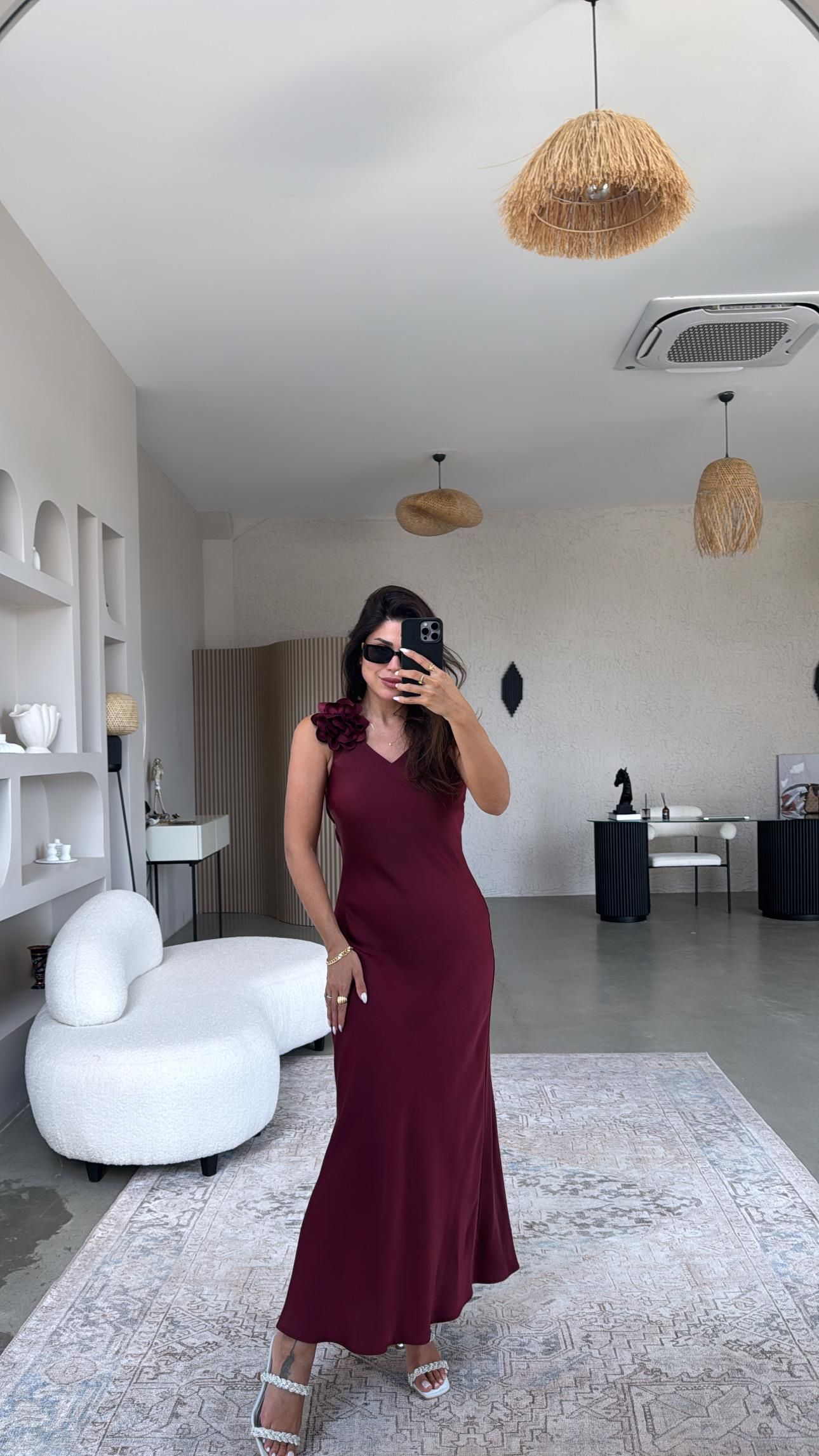 Bordo Çiçek Broşlu Premium Elbise