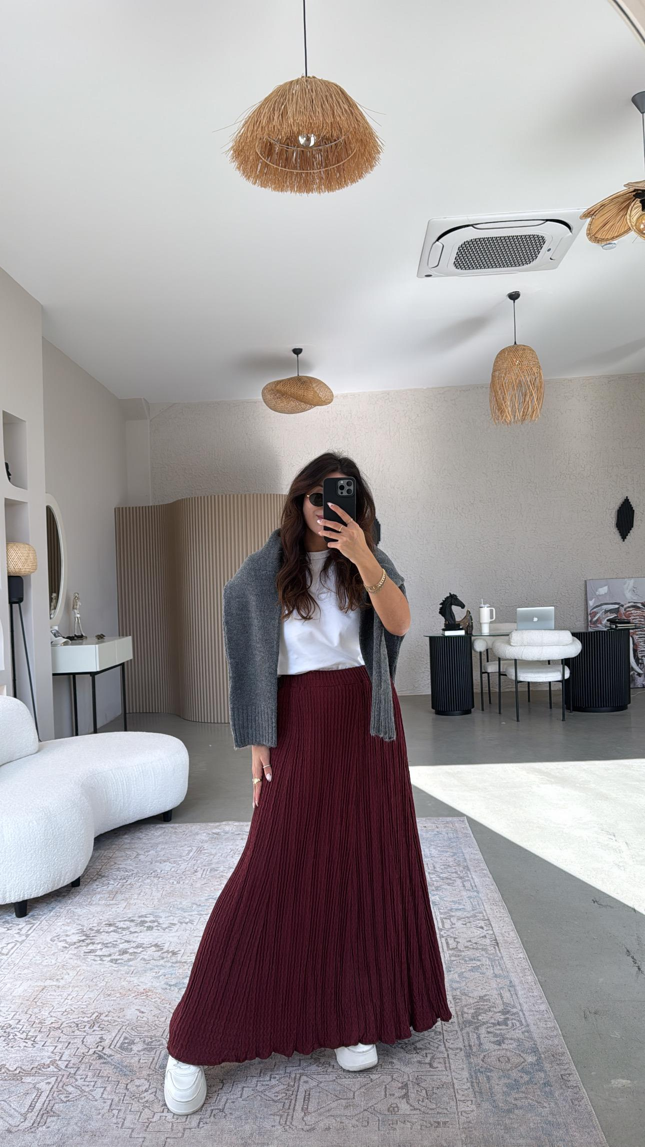 Bordo Çift Kat Bürümcük Kumaş Maxi Etek