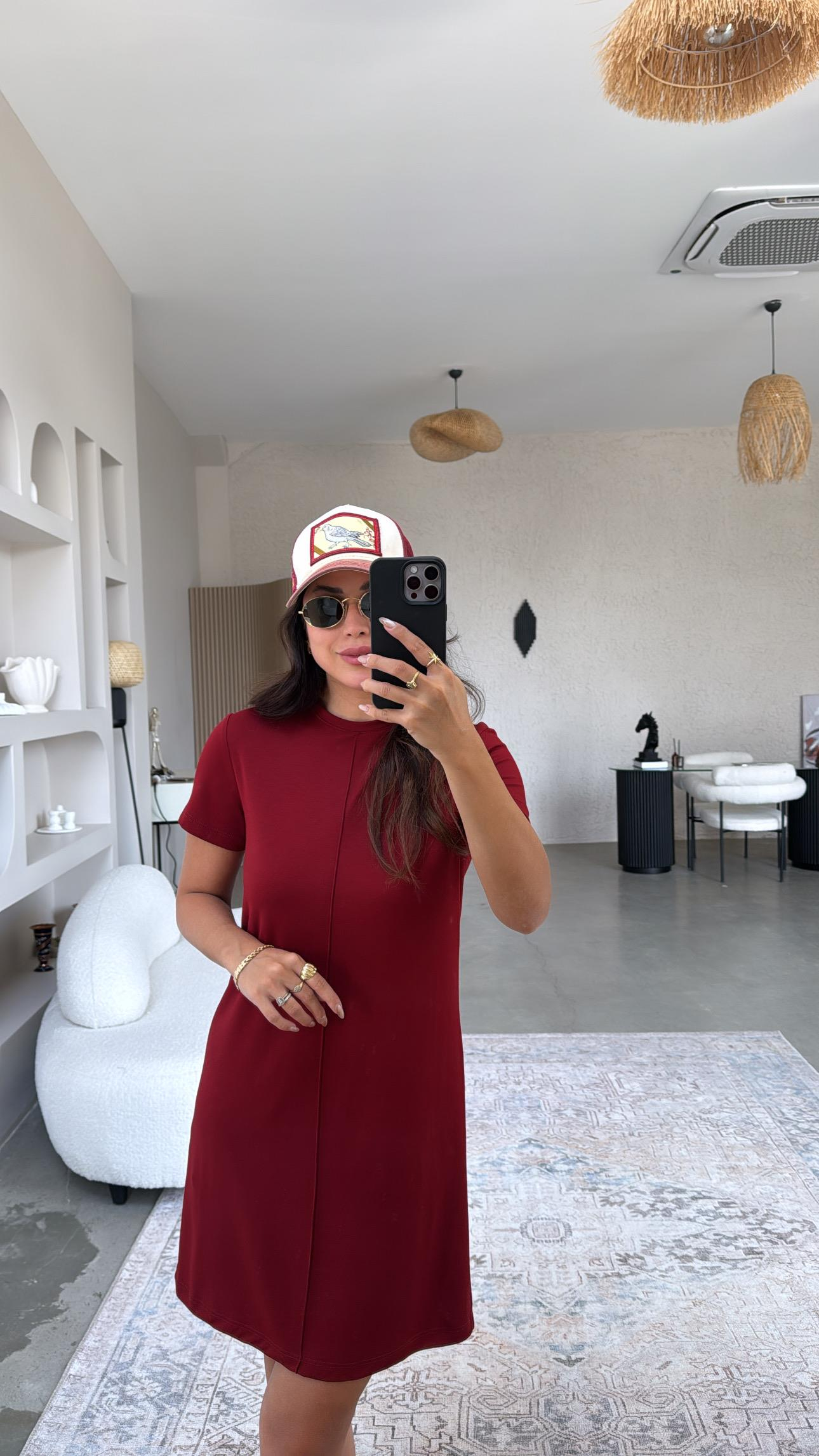 Bordo Çımalı Basic Elbise