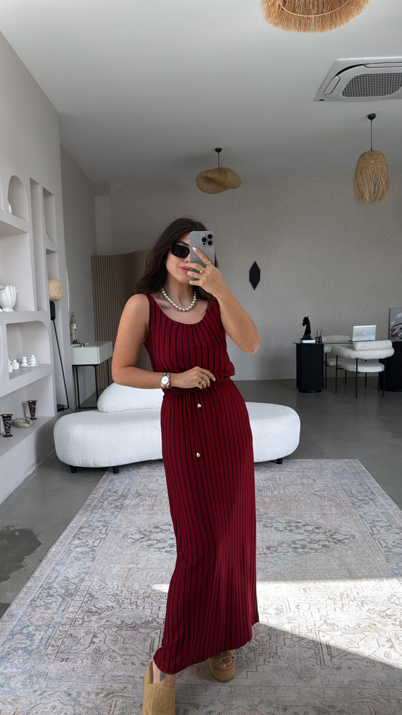 Bordo Çizgili Viskon Basic Elbise