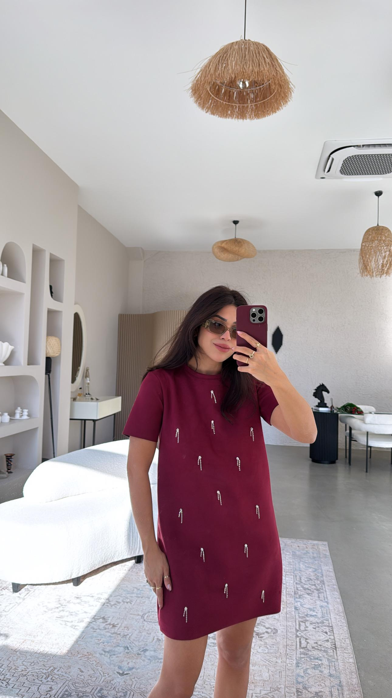 Bordo Çubuk Taş Sallantılı Elbise