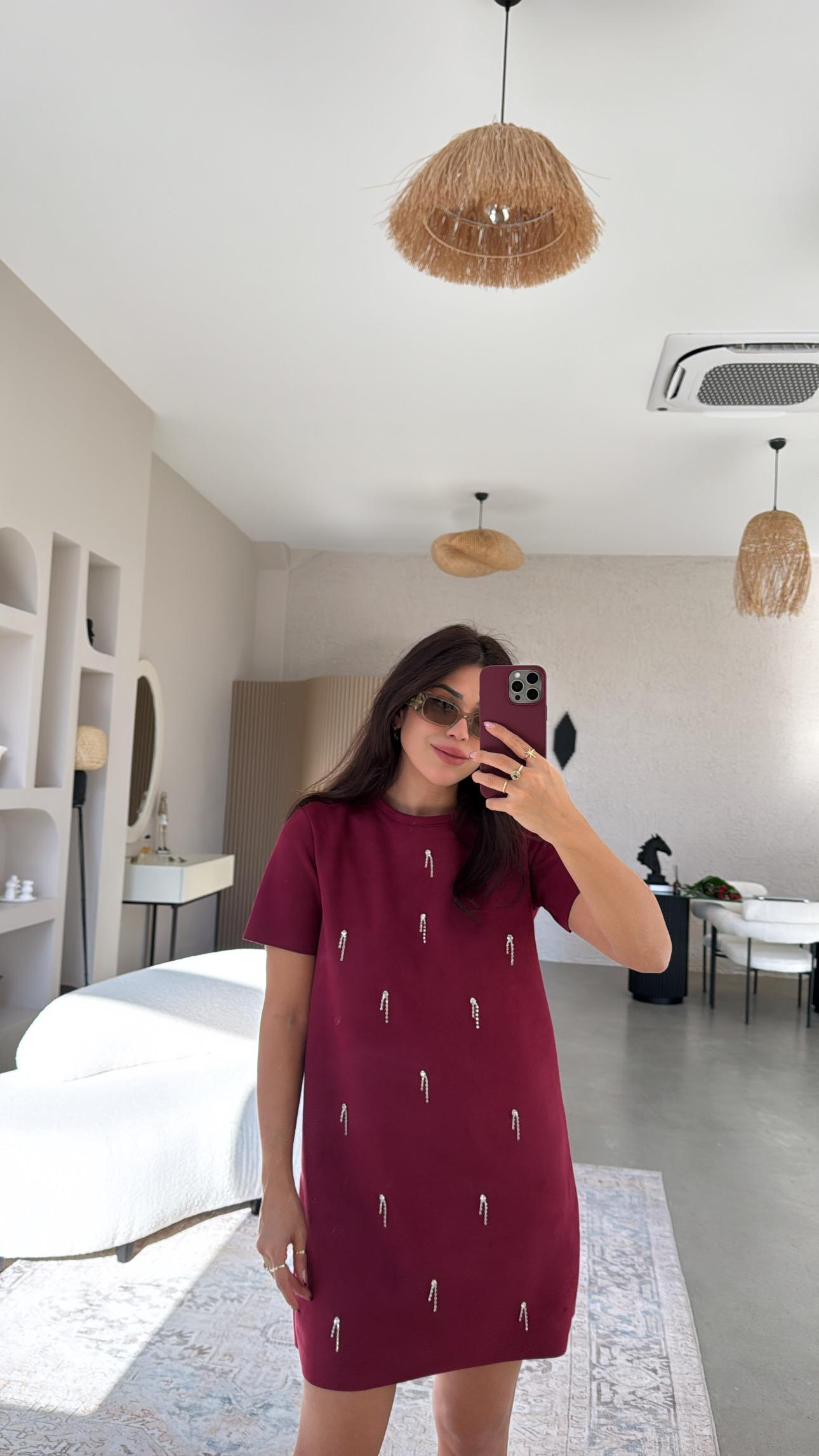 Bordo Çubuk Taş Sallantılı Elbise